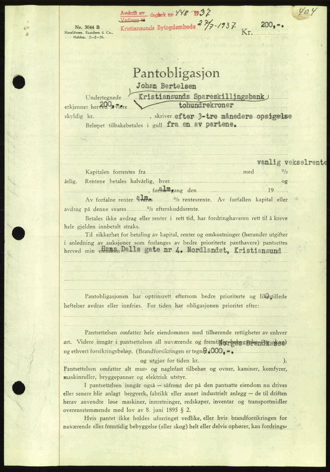 Kristiansund byfogd, AV/SAT-A-4587/A/27: Mortgage book no. 29, 1936-1937, Diary no: : 448/1937