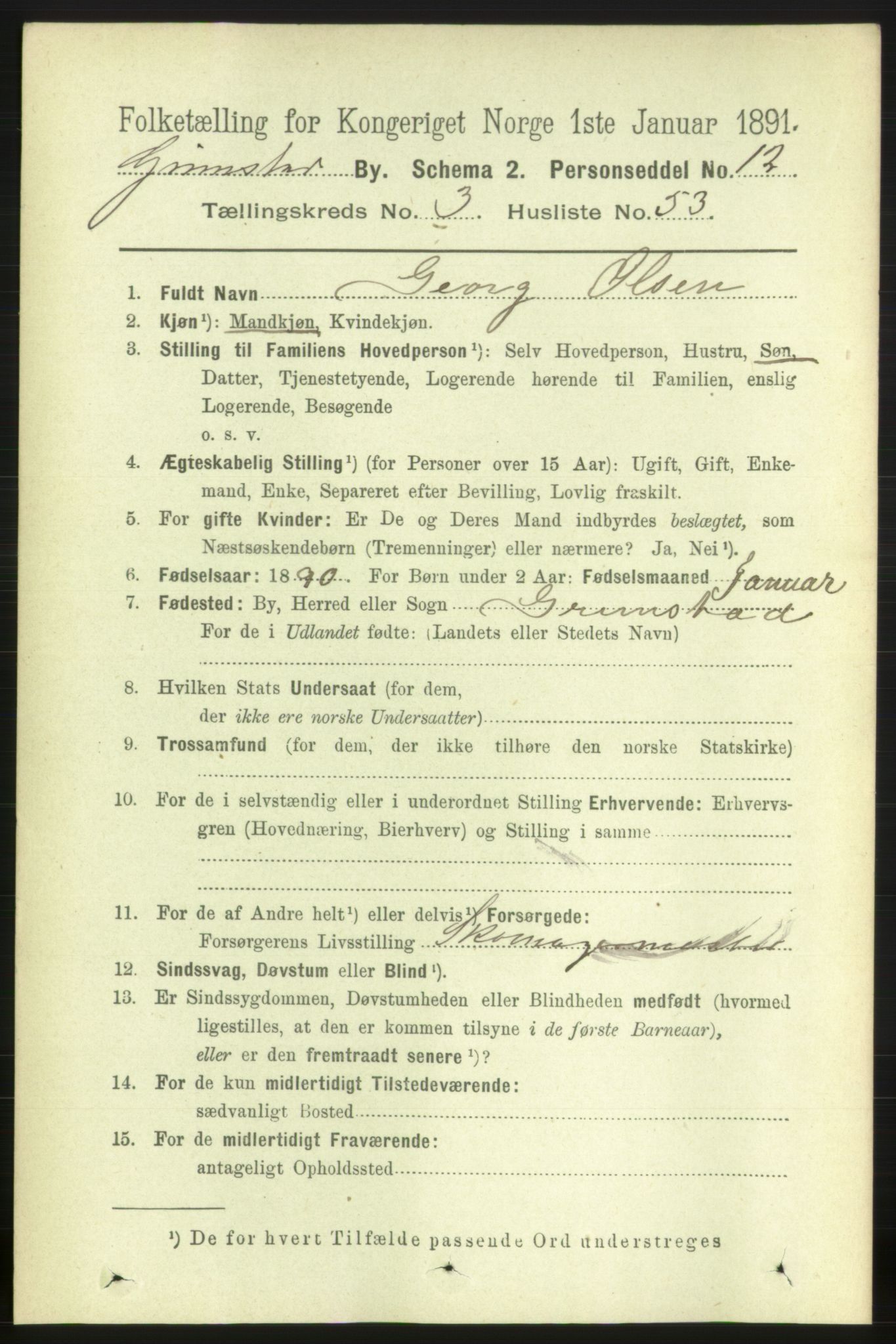 RA, 1891 census for 0904 Grimstad, 1891, p. 2443