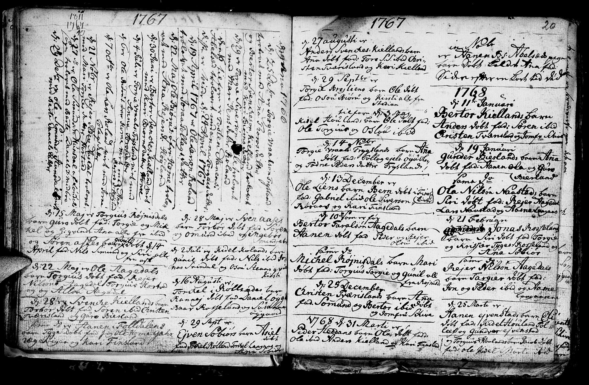 Bjelland sokneprestkontor, AV/SAK-1111-0005/F/Fb/Fba/L0002: Parish register (copy) no. B 2, 1753-1792, p. 20