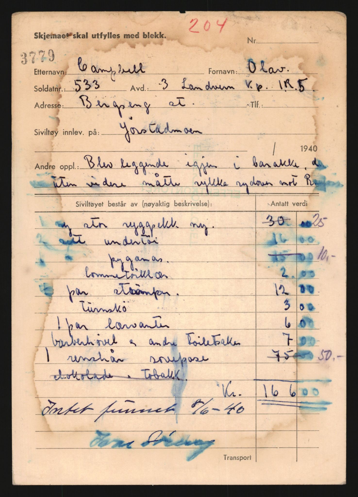 Justisdepartementet, Oppgjørsavdelingen, AV/RA-S-1056/G/Gb/L0012: Oppgaver over ettersøkte sivile effekter.Campbell, Olav - Dahle, Øivind, 1940-1942, p. 3