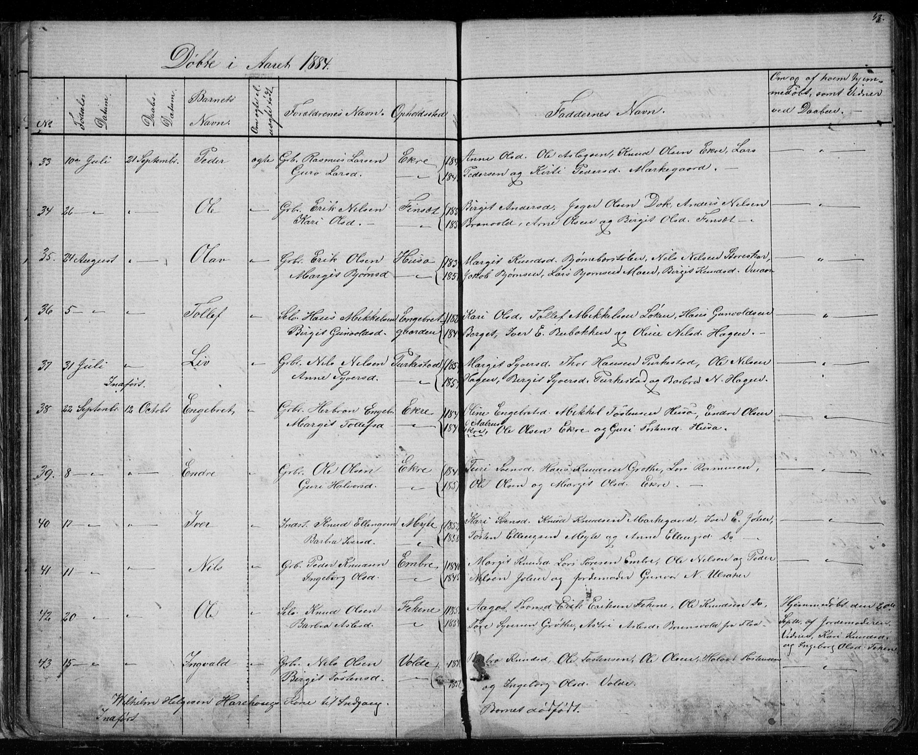 Gol kirkebøker, AV/SAKO-A-226/G/Gb/L0005: Parish register (copy) no. II 5, 1875-1891, p. 43