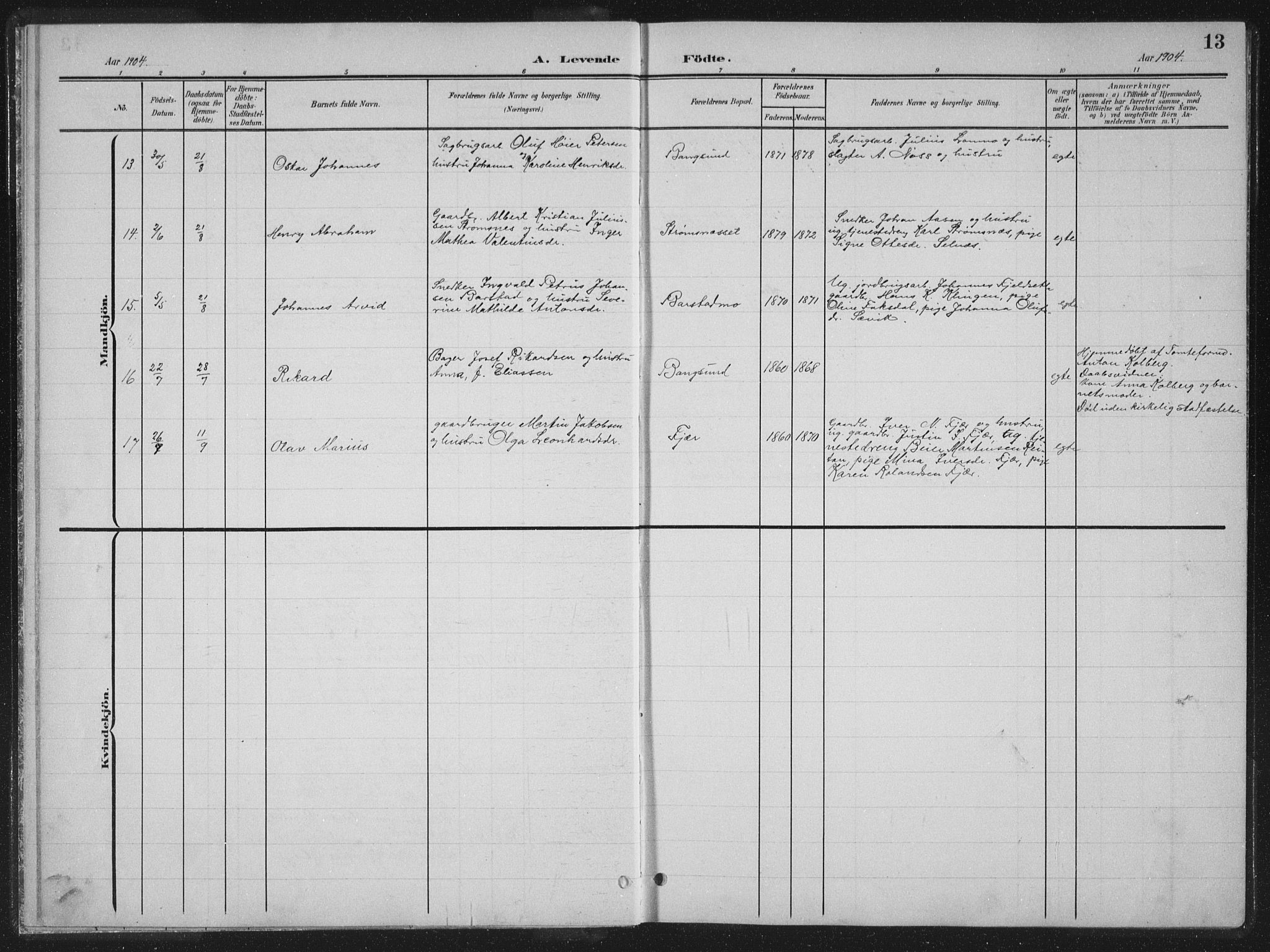 Ministerialprotokoller, klokkerbøker og fødselsregistre - Nord-Trøndelag, AV/SAT-A-1458/770/L0591: Parish register (copy) no. 770C02, 1902-1940, p. 13