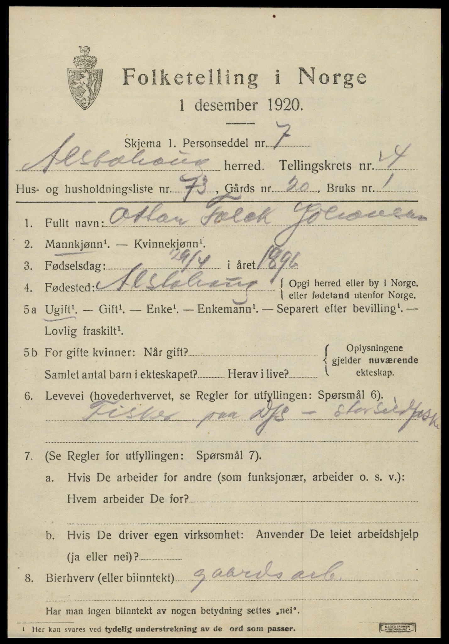 SAT, 1920 census for Alstahaug, 1920, p. 2841