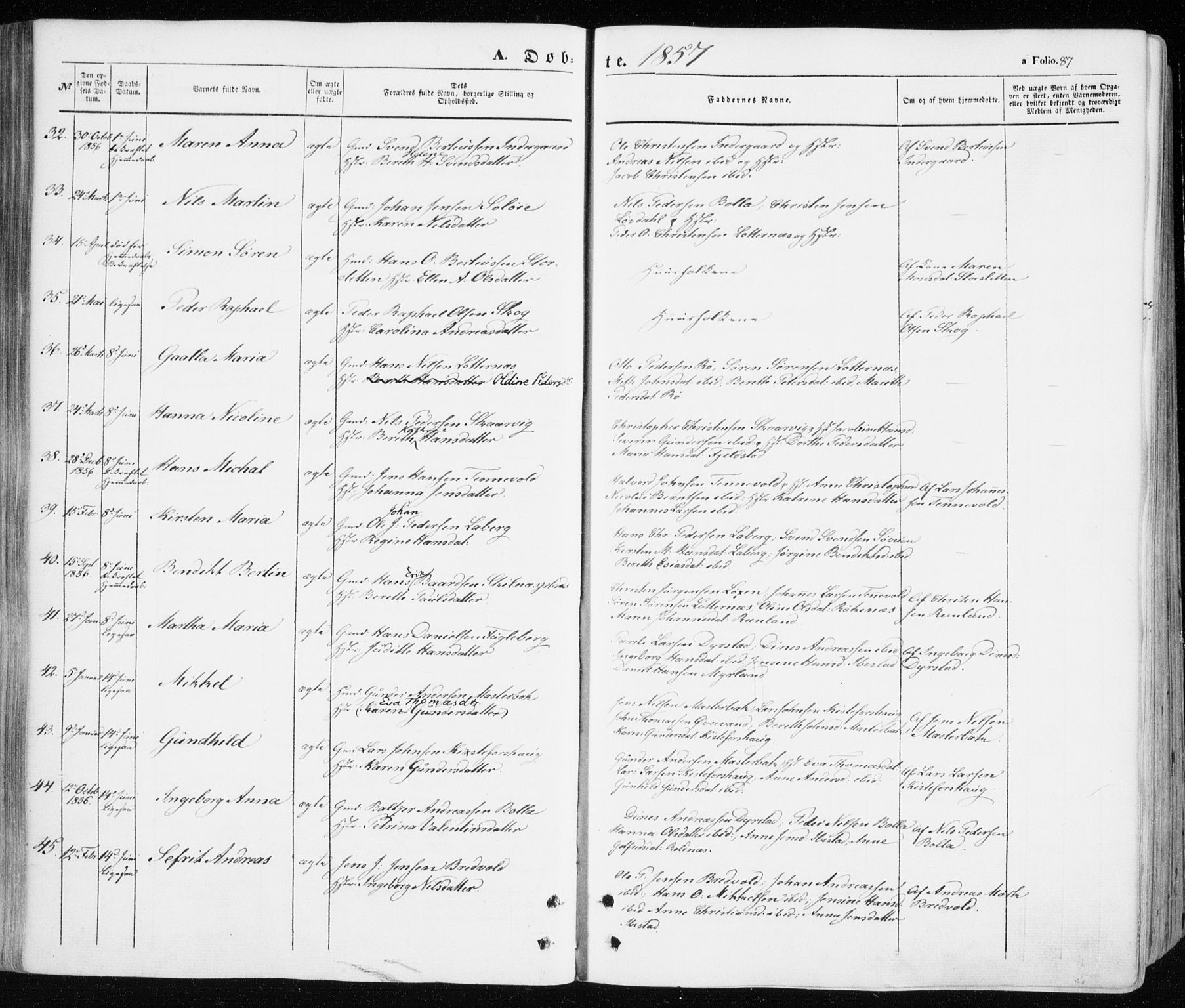 Ibestad sokneprestembete, SATØ/S-0077/H/Ha/Haa/L0008kirke: Parish register (official) no. 8, 1850-1859, p. 87