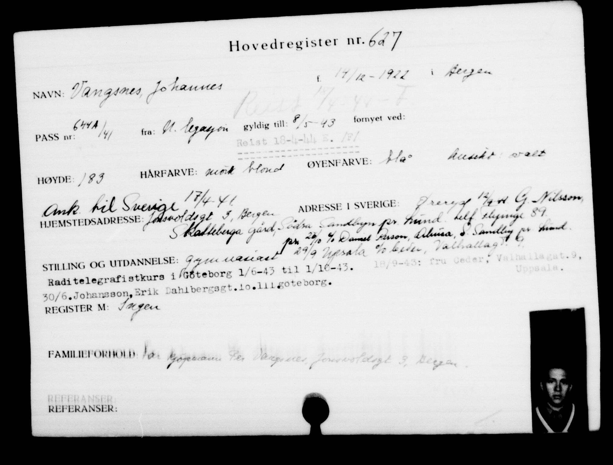 Utenriksstasjonene, Legasjonen i Stockholm, Flyktningkontoret, AV/RA-S-6753/V/Va/L0001: Kjesäterkartoteket, flyktninger med registreringsnr. 1-1000, 1940-1945, p. 981