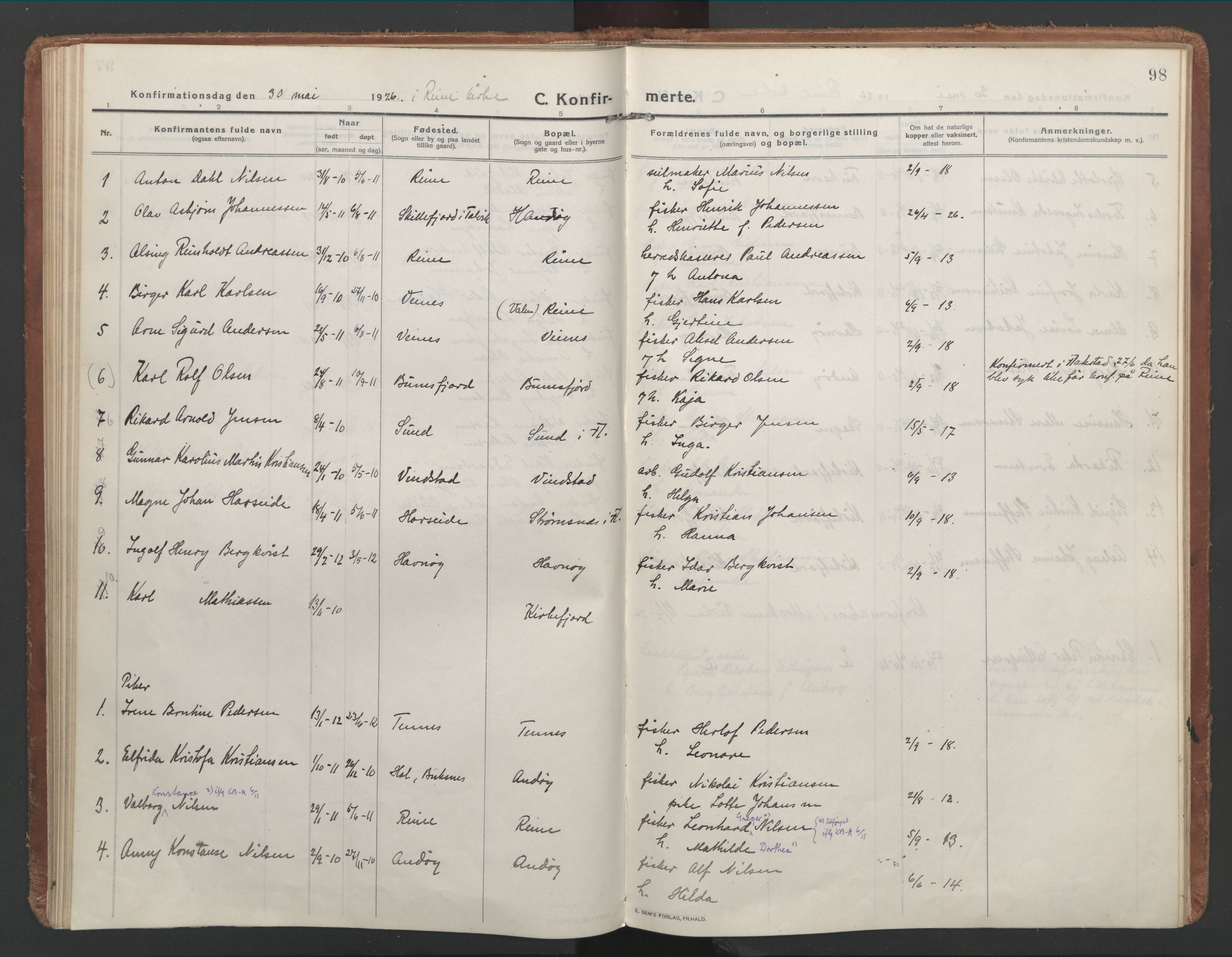 Ministerialprotokoller, klokkerbøker og fødselsregistre - Nordland, SAT/A-1459/886/L1222: Parish register (official) no. 886A04, 1914-1926, p. 98