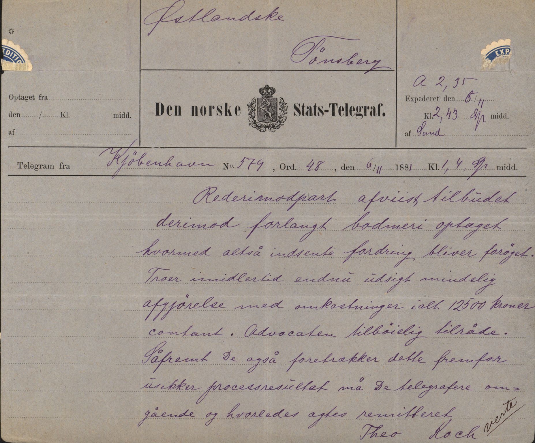 Pa 63 - Østlandske skibsassuranceforening, VEMU/A-1079/G/Ga/L0014/0004: Havaridokumenter / Bertrand, Frigga, Frank, Nordafjeld, 1881, p. 72