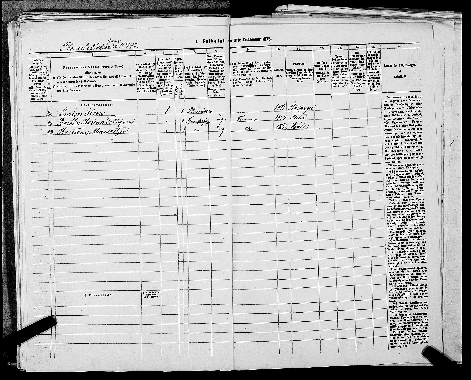 SAST, 1875 census for 1103 Stavanger, 1875, p. 420