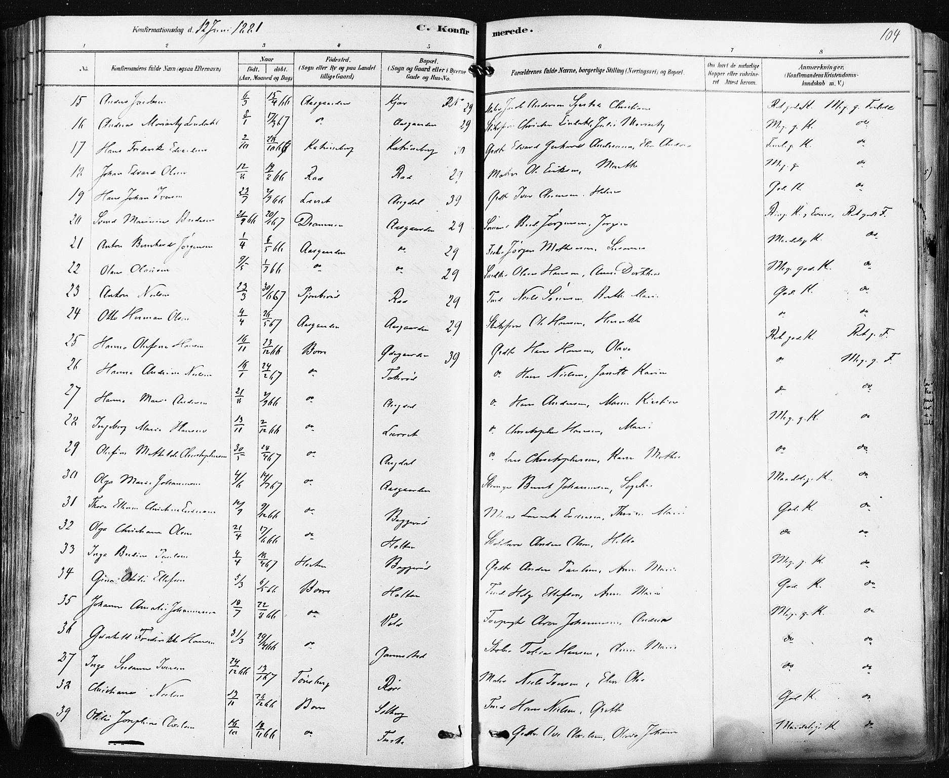 Borre kirkebøker, SAKO/A-338/F/Fa/L0009: Parish register (official) no. I 9, 1878-1896, p. 104