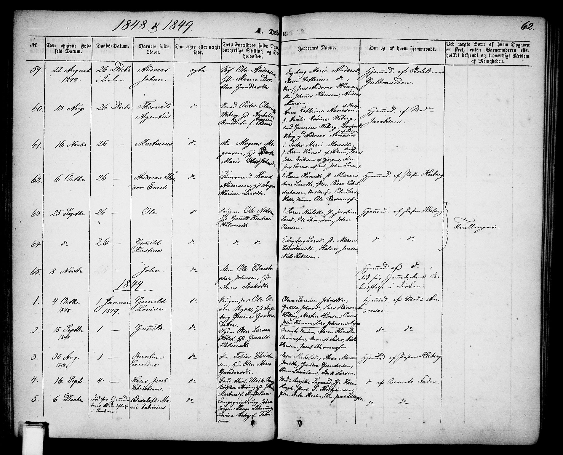 Skien kirkebøker, SAKO/A-302/G/Ga/L0004: Parish register (copy) no. 4, 1843-1867, p. 62
