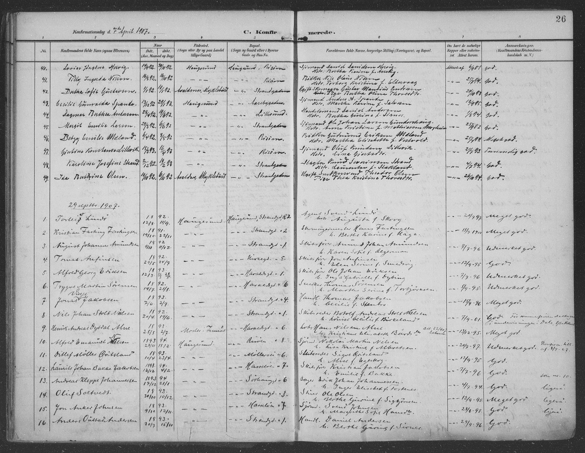 Haugesund sokneprestkontor, AV/SAST-A -101863/H/Ha/Haa/L0007: Parish register (official) no. A 7, 1904-1916, p. 26