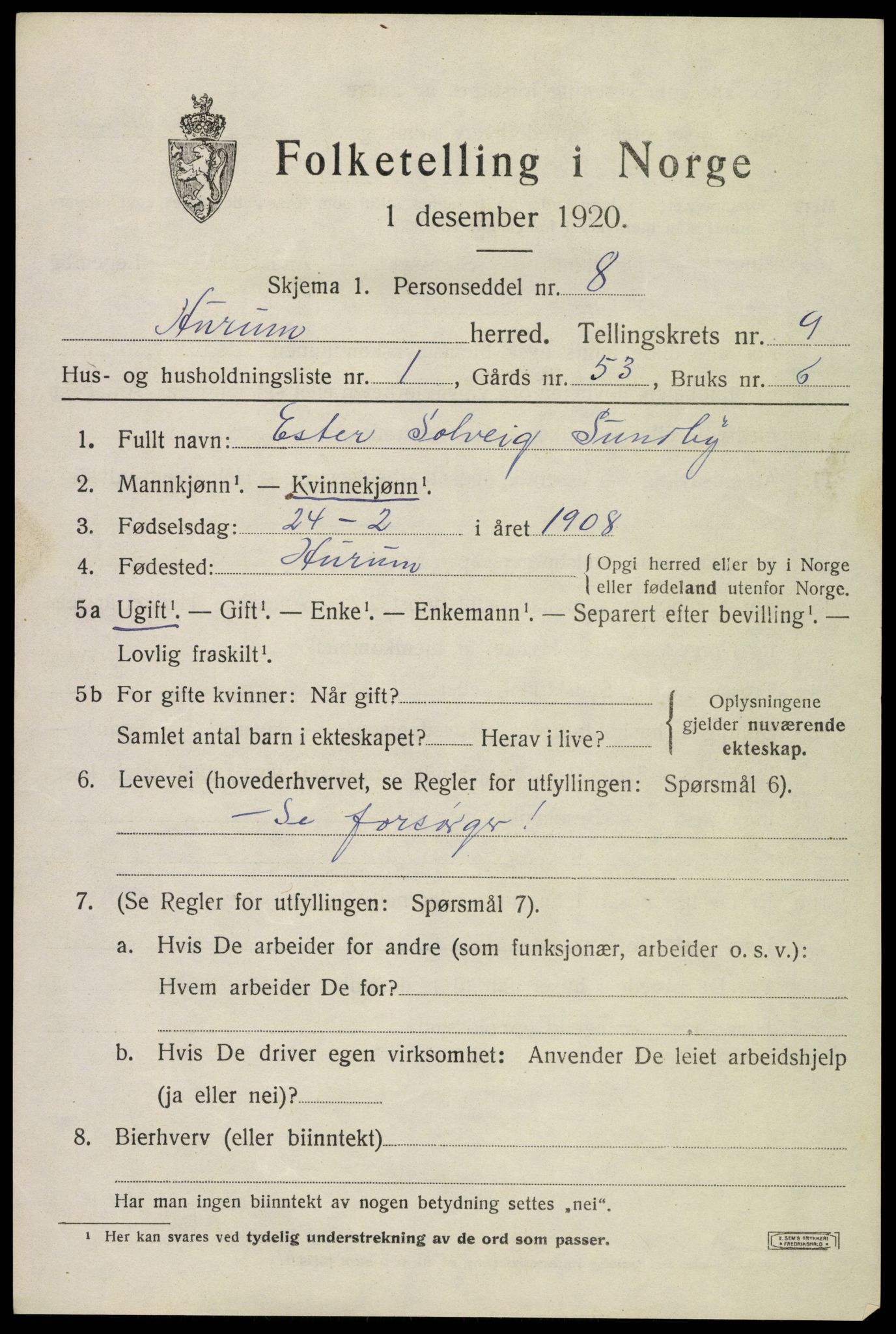 SAKO, 1920 census for Hurum, 1920, p. 11994