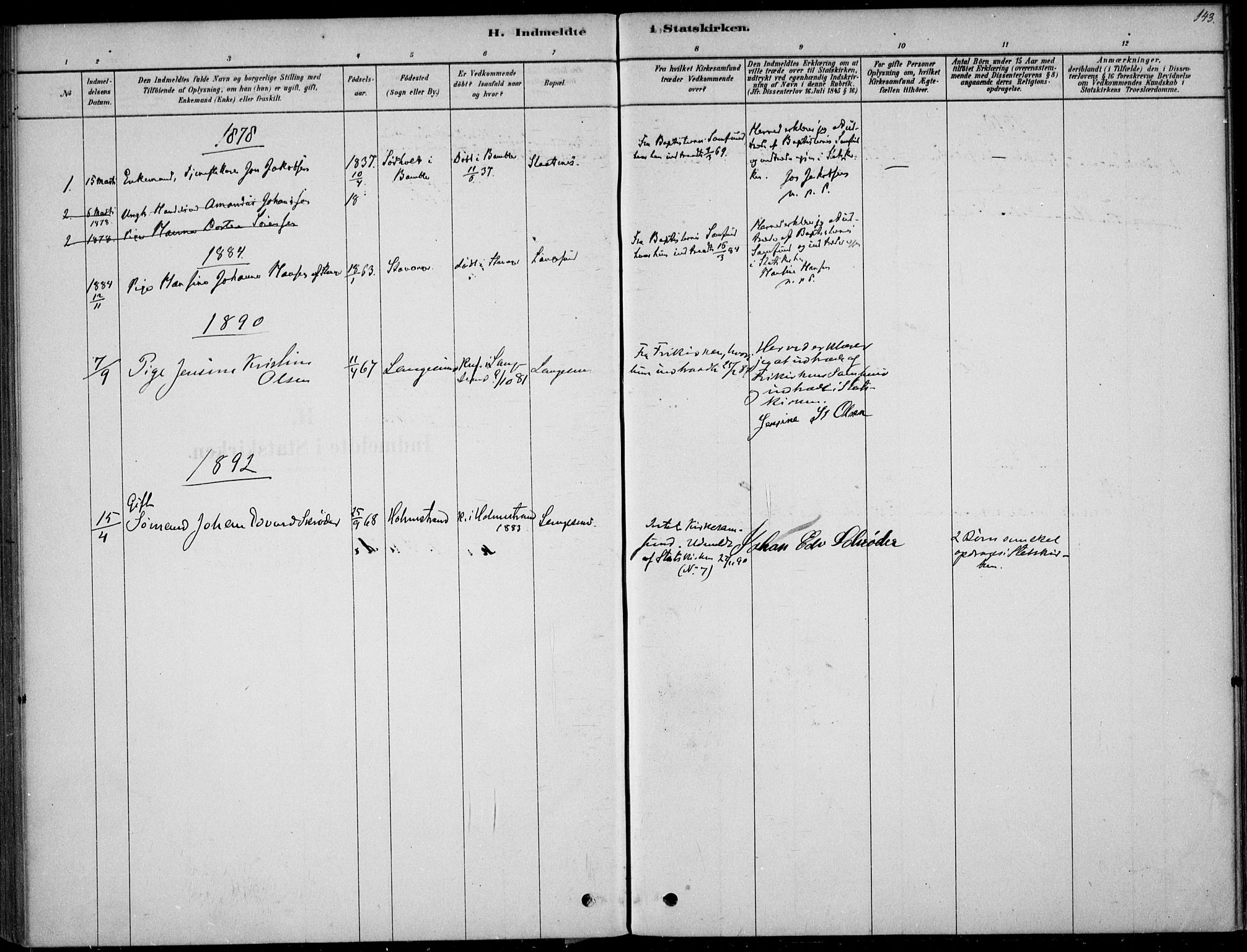 Langesund kirkebøker, SAKO/A-280/F/Fa/L0002: Parish register (official) no. 2, 1878-1892, p. 143