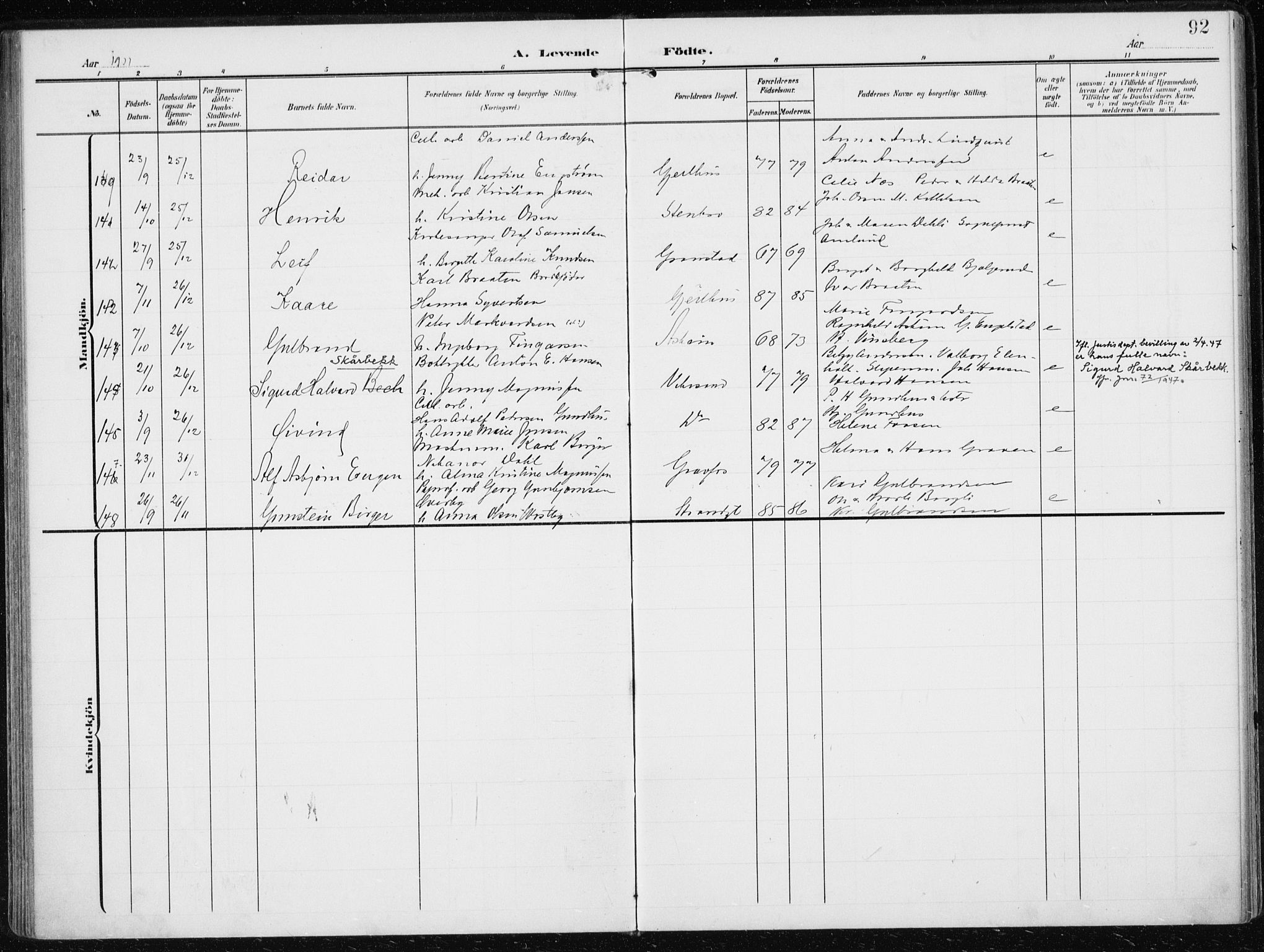 Modum kirkebøker, AV/SAKO-A-234/F/Fa/L0014a: Parish register (official) no. 14A, 1906-1918, p. 92