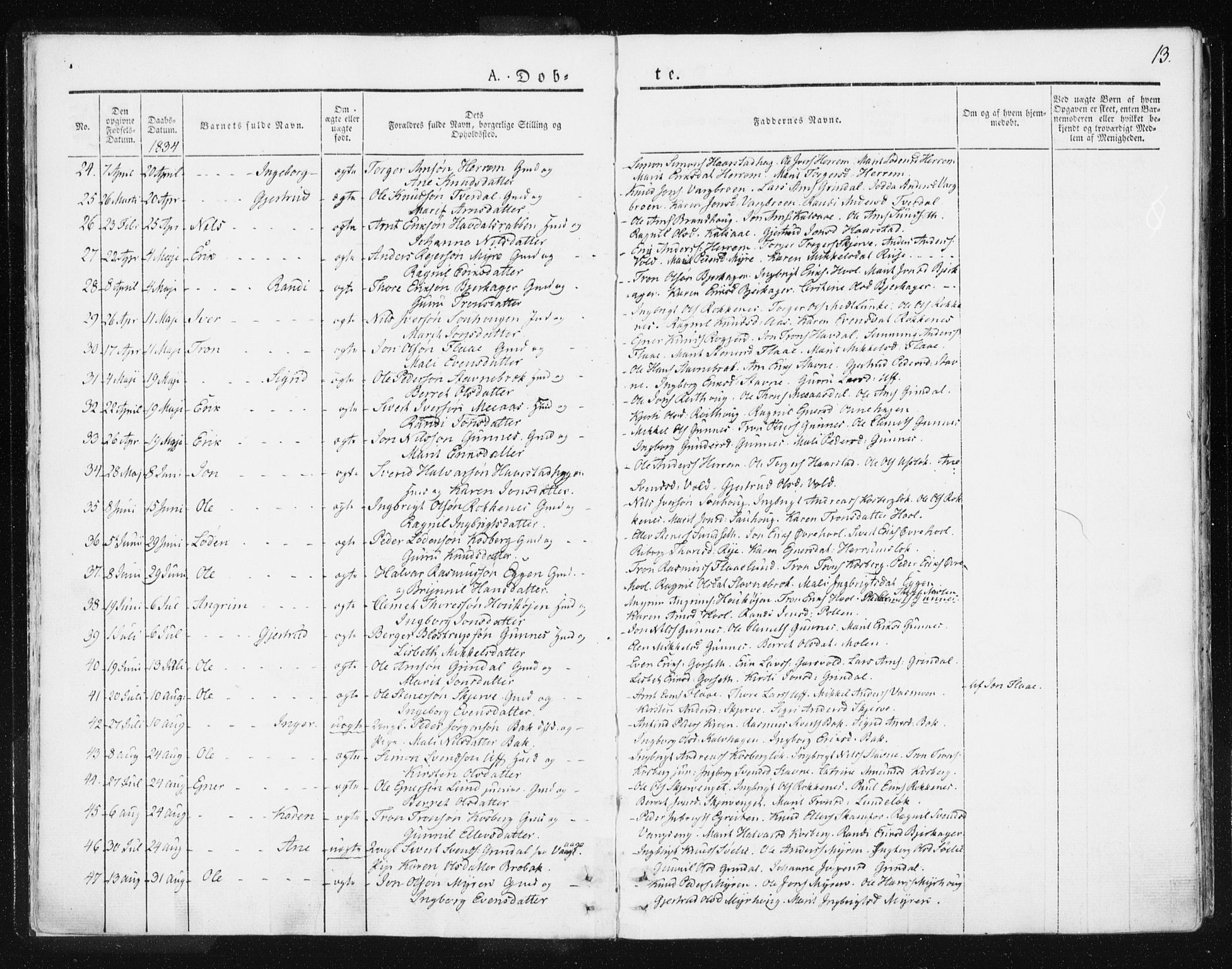 Ministerialprotokoller, klokkerbøker og fødselsregistre - Sør-Trøndelag, SAT/A-1456/674/L0869: Parish register (official) no. 674A01, 1829-1860, p. 13