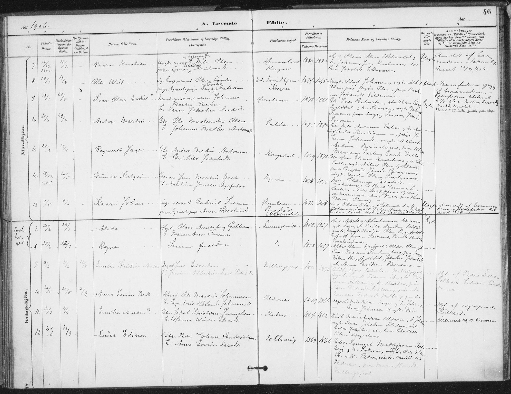 Ministerialprotokoller, klokkerbøker og fødselsregistre - Nordland, AV/SAT-A-1459/826/L0380: Parish register (official) no. 826A03, 1891-1911, p. 46