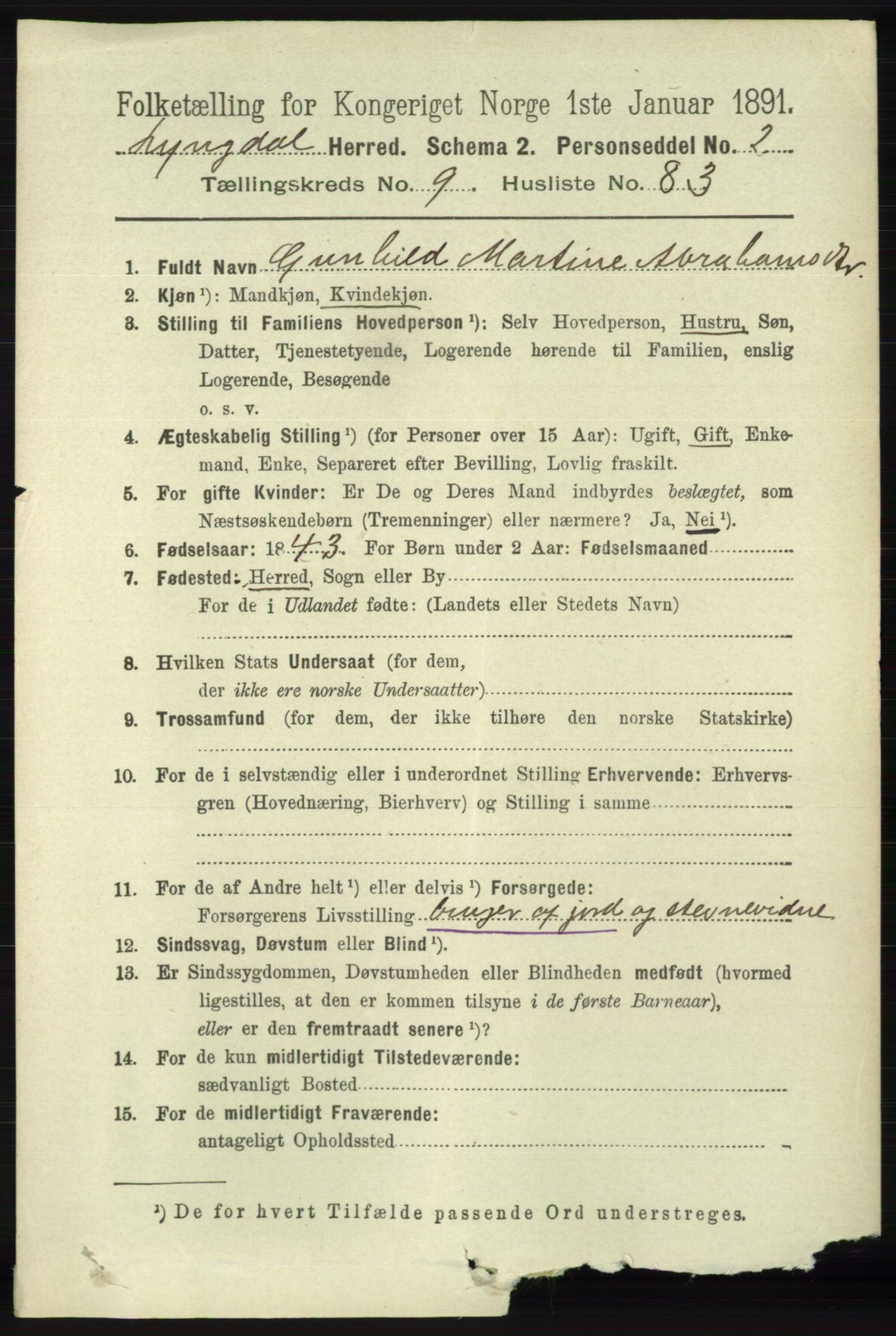 RA, 1891 census for 1032 Lyngdal, 1891, p. 4153