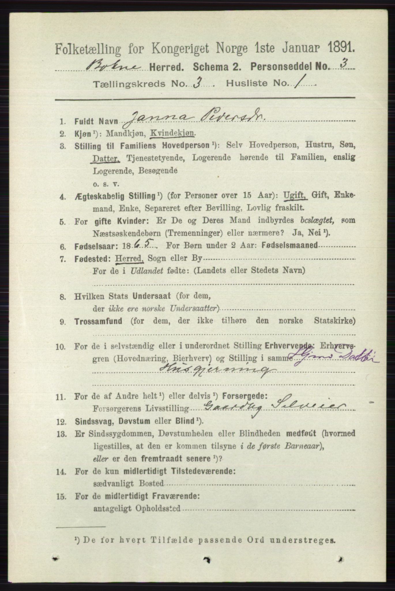 RA, 1891 census for 0715 Botne, 1891, p. 1220