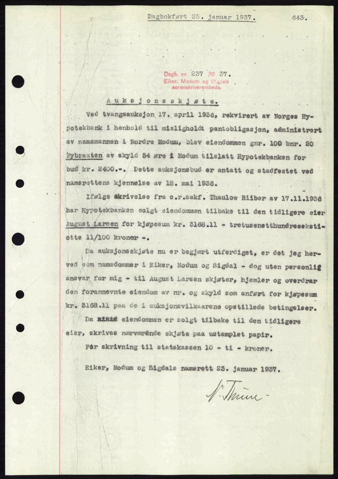Eiker, Modum og Sigdal sorenskriveri, SAKO/A-123/G/Ga/Gab/L0034: Mortgage book no. A4, 1936-1937, Diary no: : 237/1937