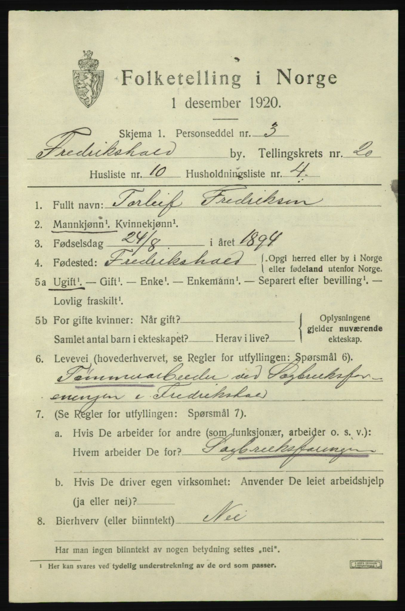 SAO, 1920 census for Fredrikshald, 1920, p. 29399