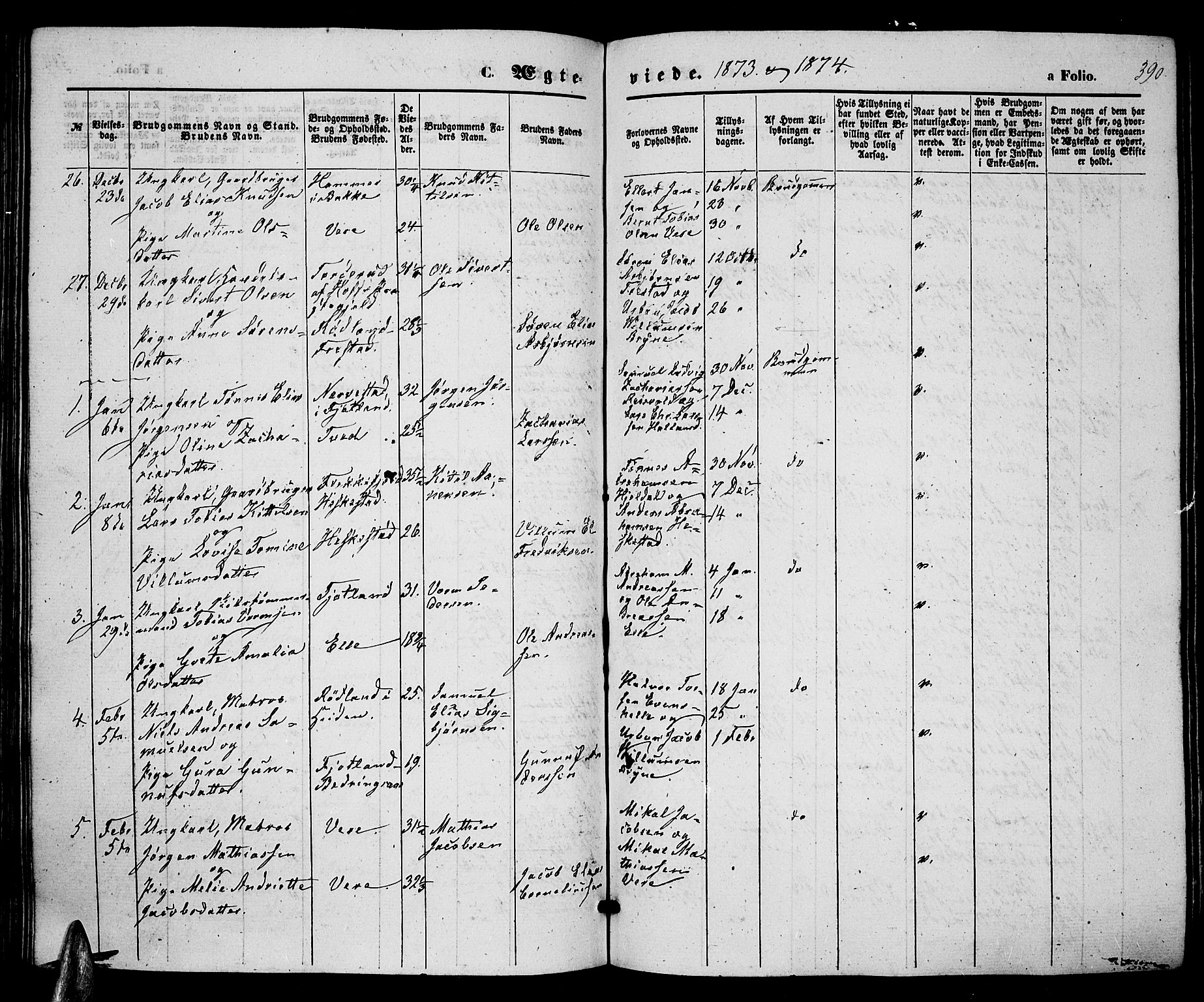 Lista sokneprestkontor, SAK/1111-0027/F/Fb/L0003: Parish register (copy) no. B 3, 1862-1877, p. 390