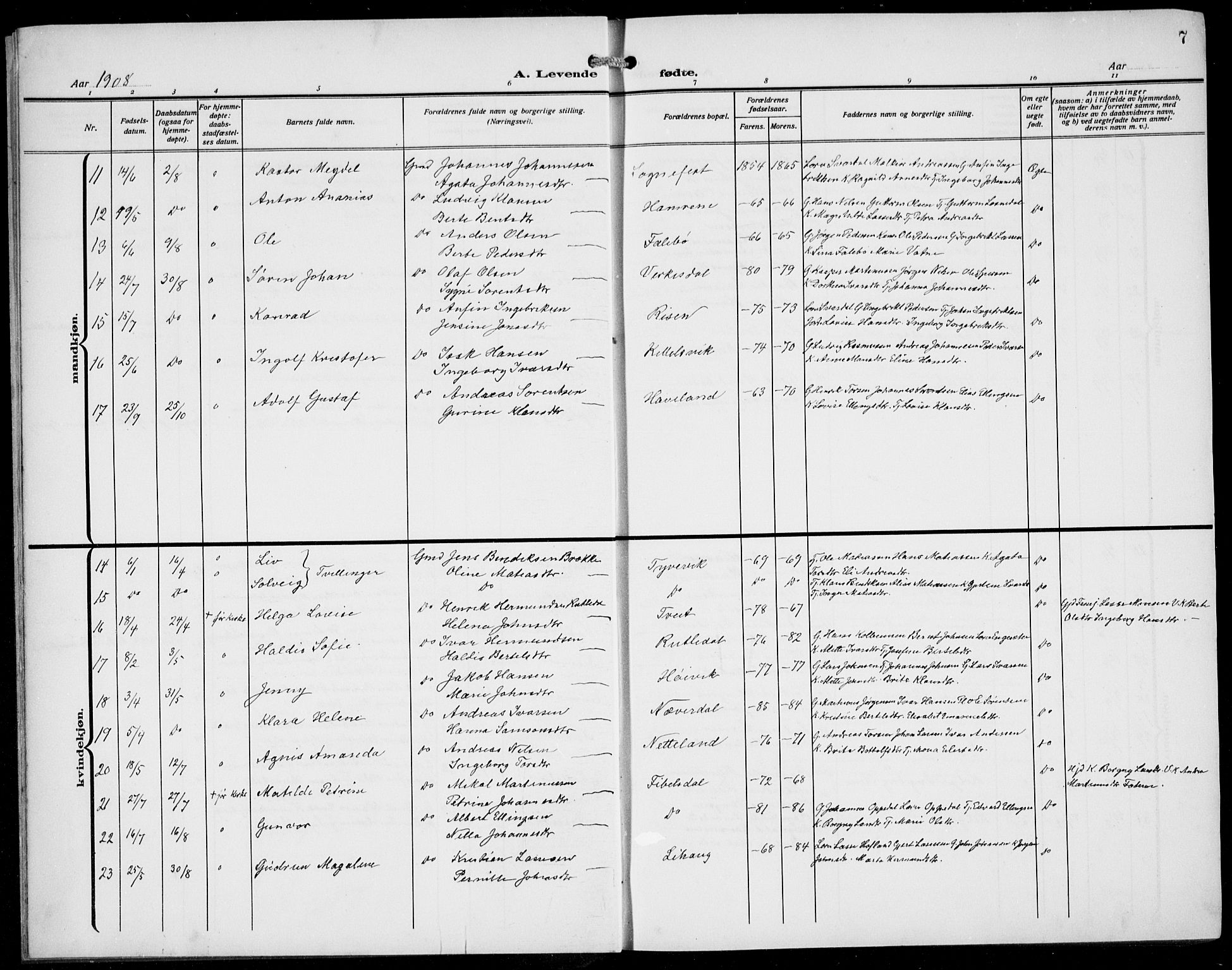 Gulen sokneprestembete, AV/SAB-A-80201/H/Hab/Habb/L0004: Parish register (copy) no. B 4, 1908-1936, p. 7