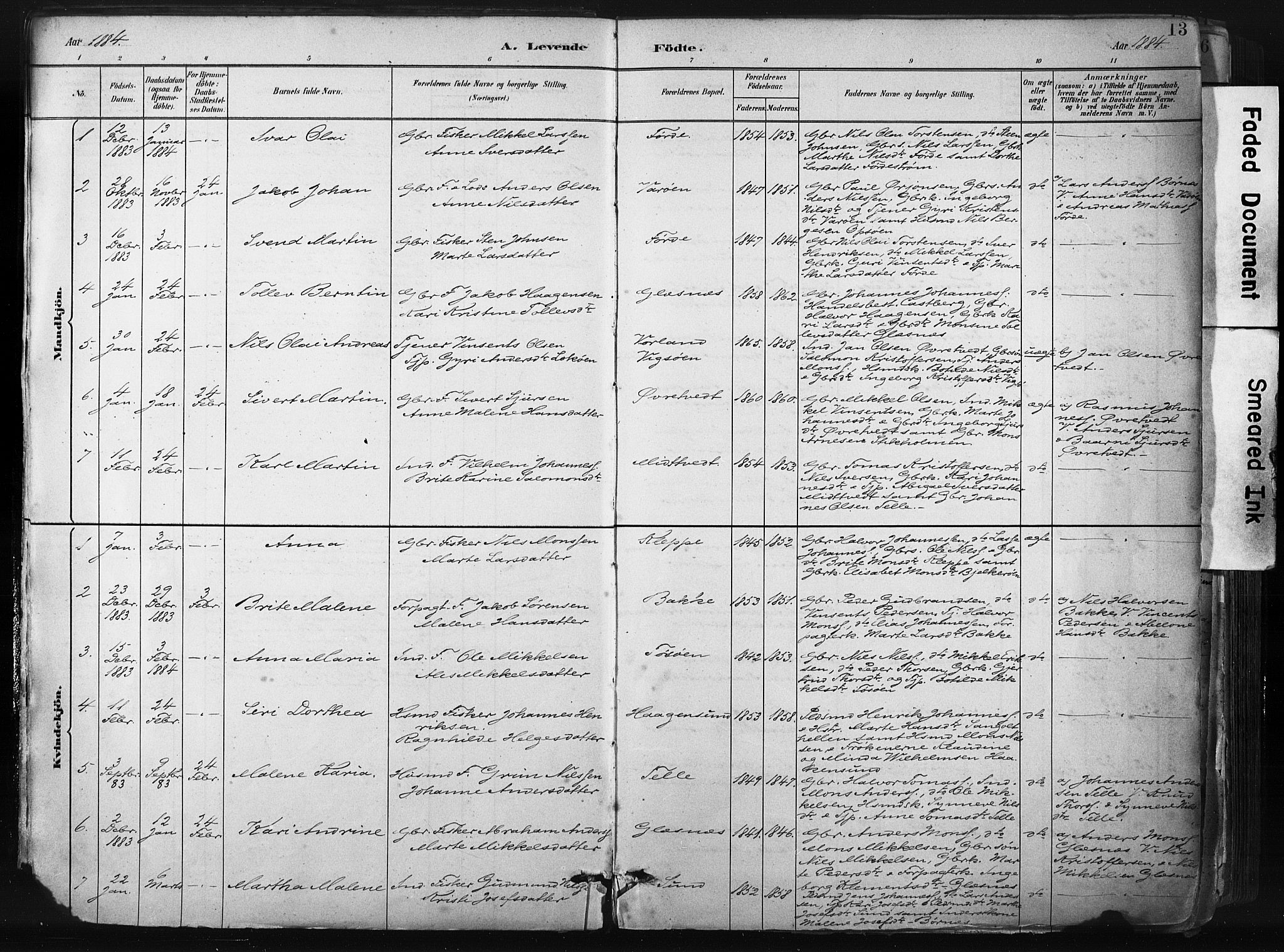 Sund sokneprestembete, SAB/A-99930: Parish register (official) no. B 1, 1882-1907, p. 13
