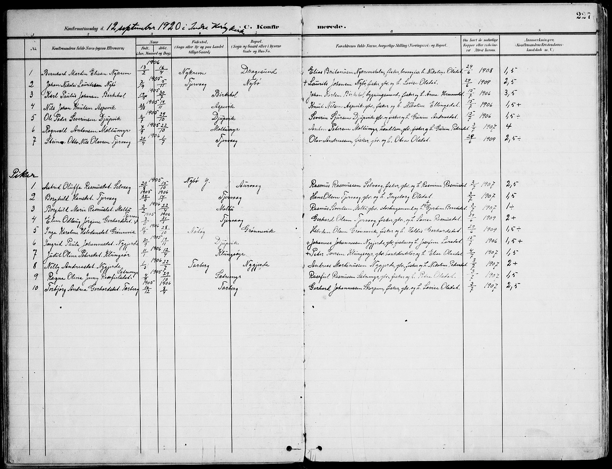 Ministerialprotokoller, klokkerbøker og fødselsregistre - Møre og Romsdal, AV/SAT-A-1454/507/L0075: Parish register (official) no. 507A10, 1901-1920, p. 227