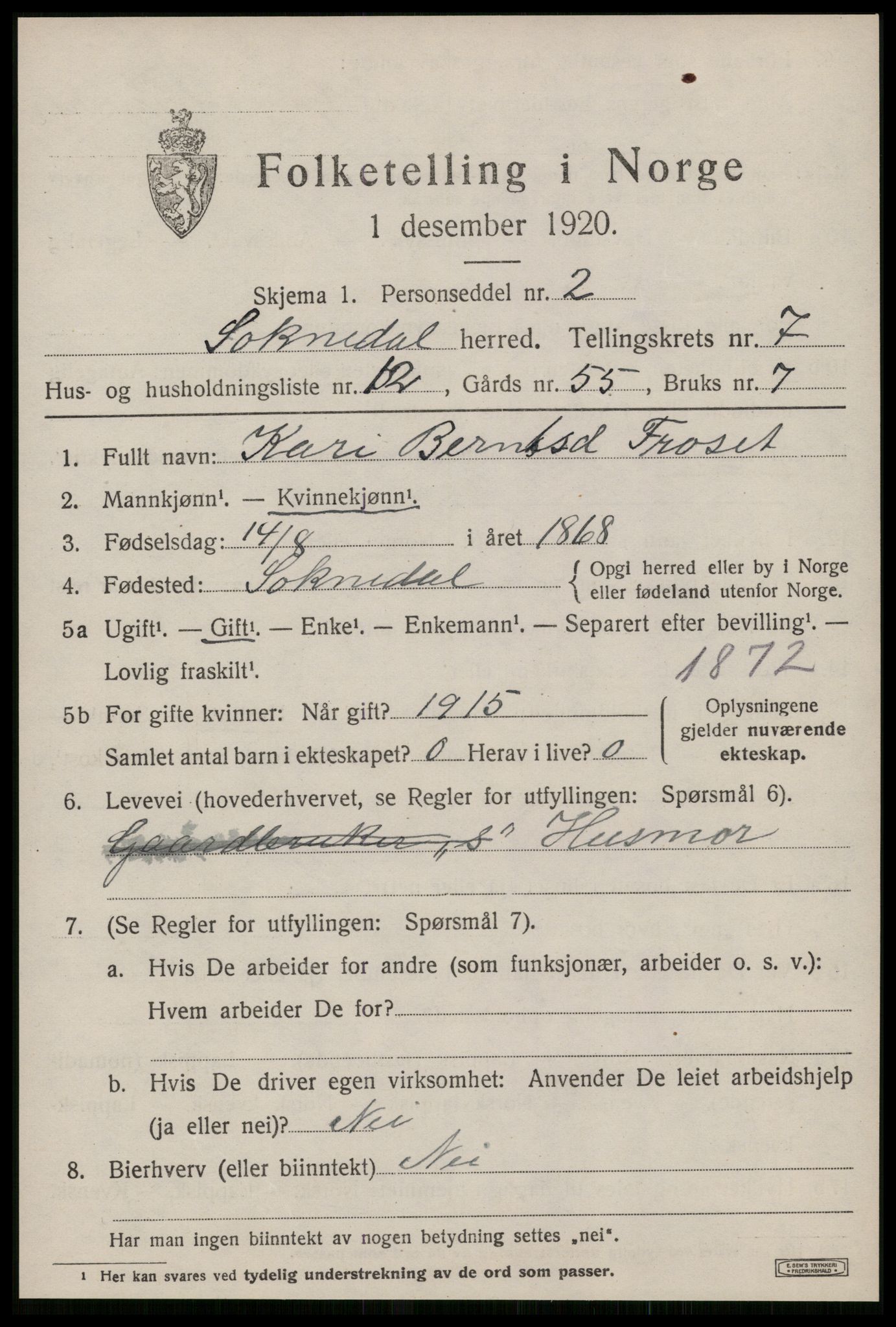 SAT, 1920 census for Soknedal, 1920, p. 3578