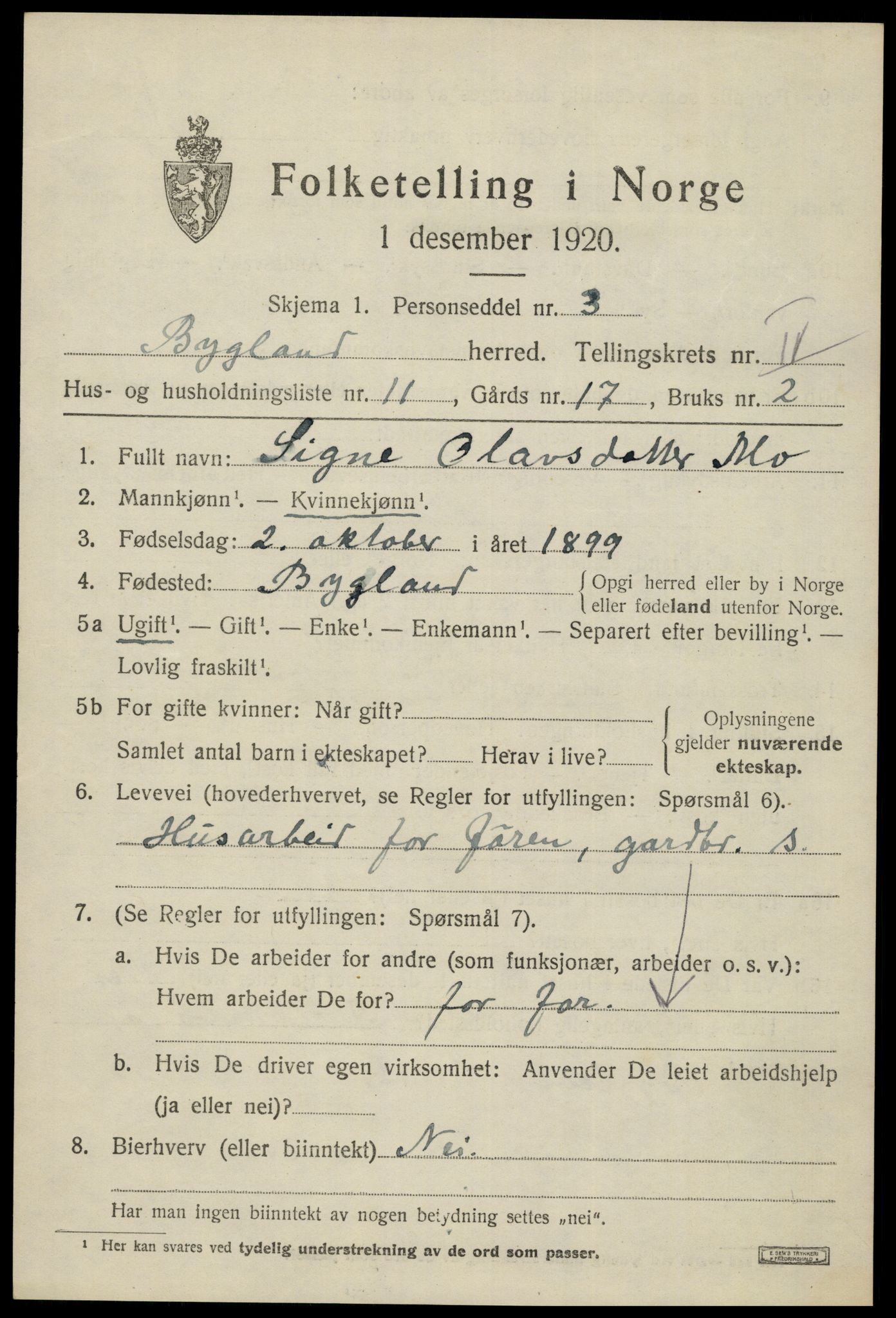 SAK, 1920 census for Bygland, 1920, p. 1843