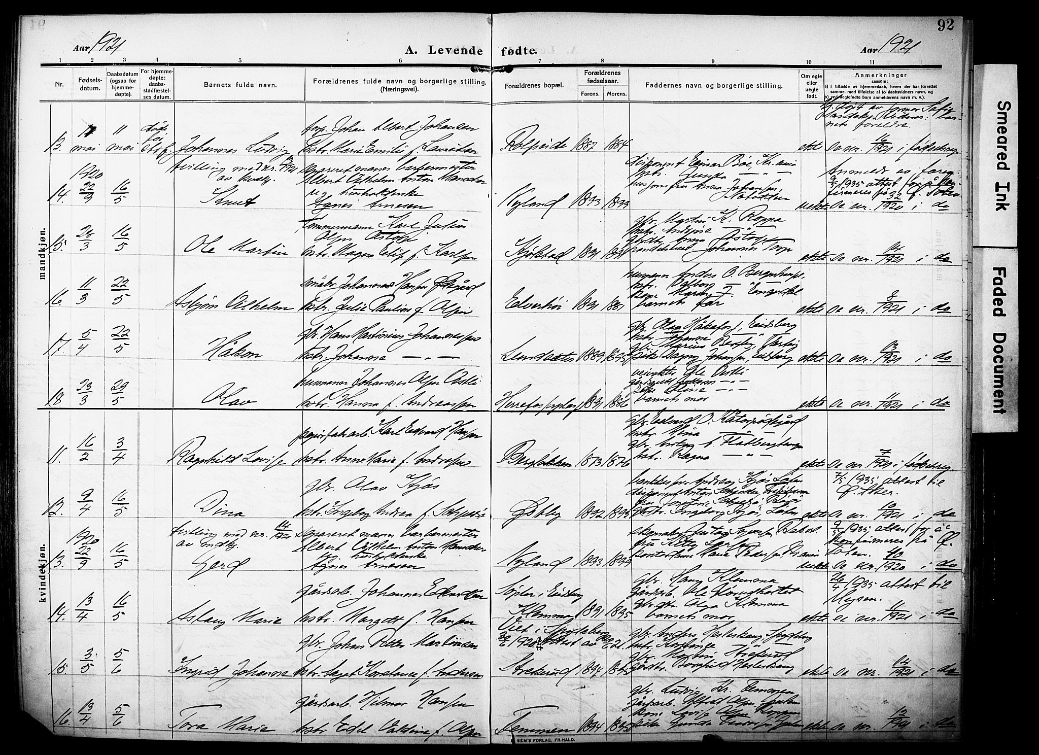 Rakkestad prestekontor Kirkebøker, AV/SAO-A-2008/F/Fa/L0015: Parish register (official) no. I 15, 1909-1922, p. 92