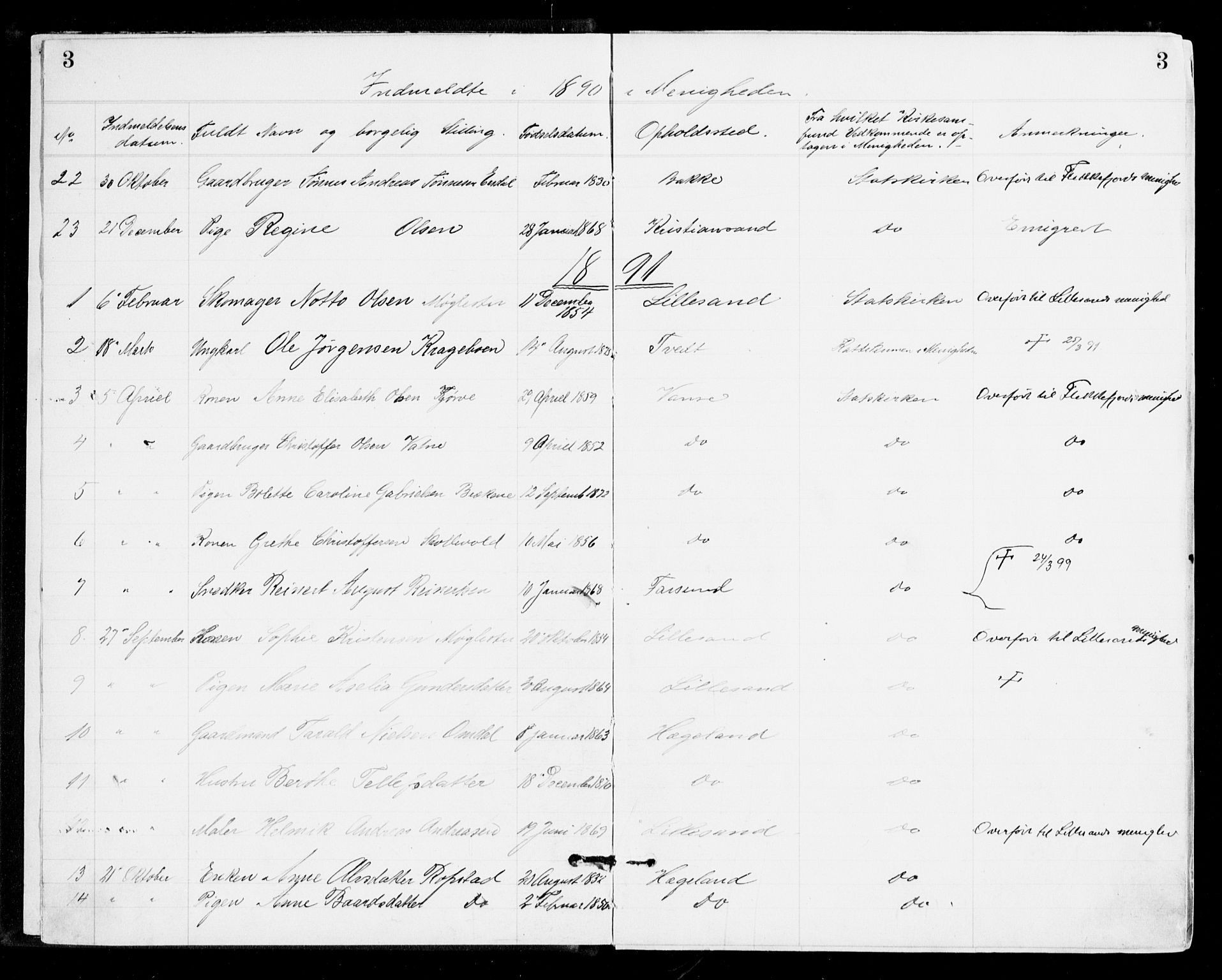 Den evangelisk-lutherske frikirke, Kristiansand, SAK/1292-0017/F/Fa/L0002: Dissenter register no. F 10, 1889-1892, p. 3