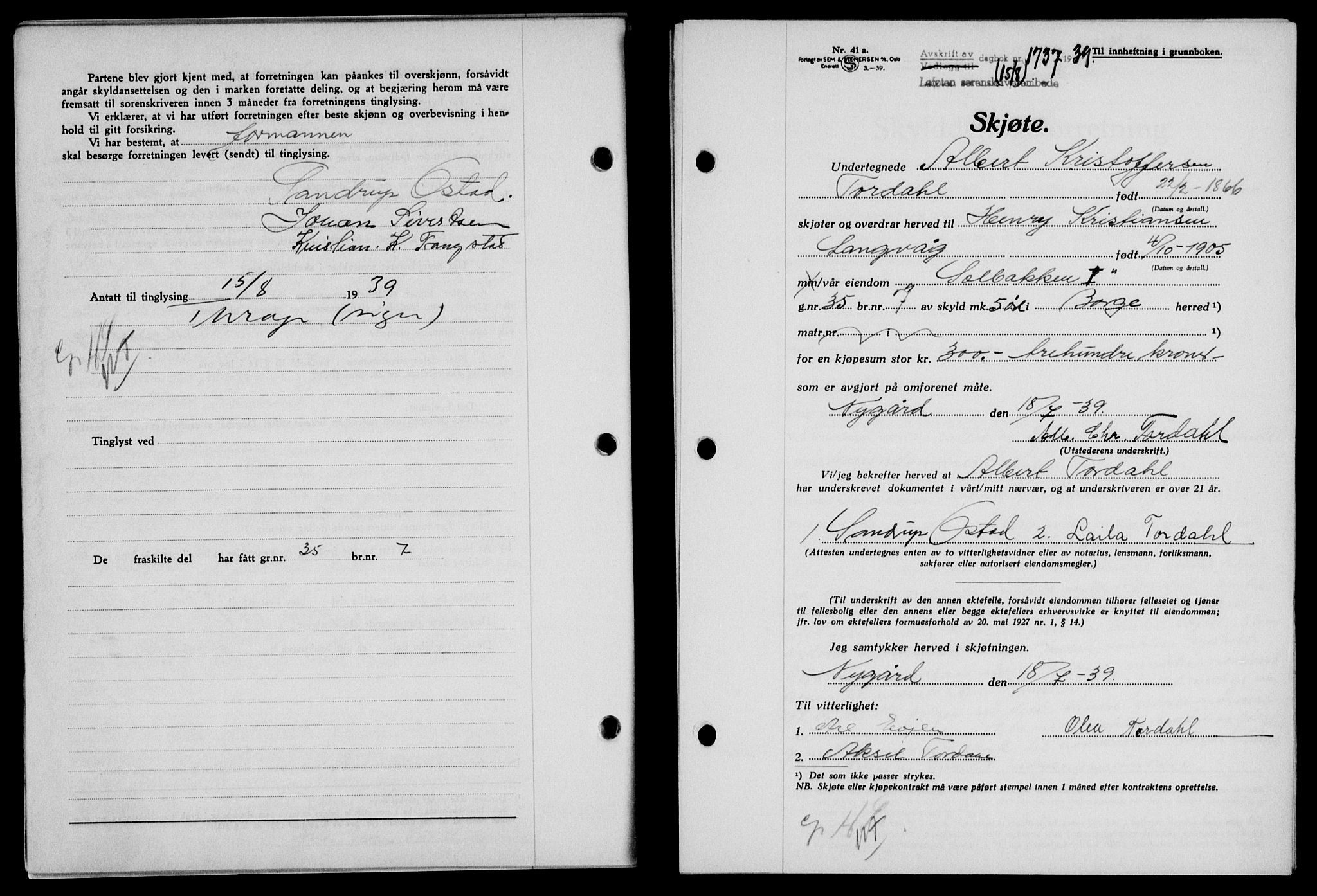Lofoten sorenskriveri, SAT/A-0017/1/2/2C/L0006a: Mortgage book no. 6a, 1939-1939, Diary no: : 1737/1939