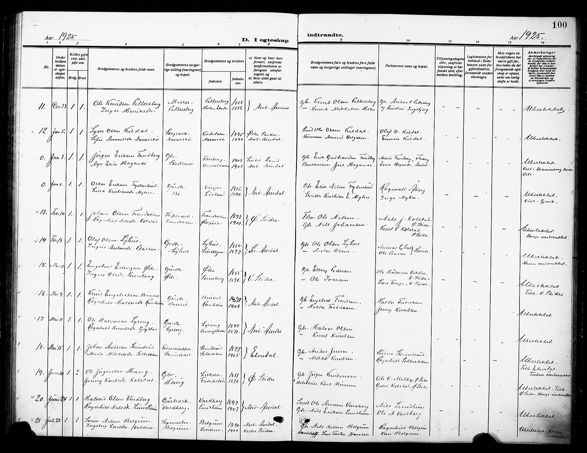 Nord-Aurdal prestekontor, AV/SAH-PREST-132/H/Ha/Hab/L0016: Parish register (copy) no. 16, 1920-1932, p. 100