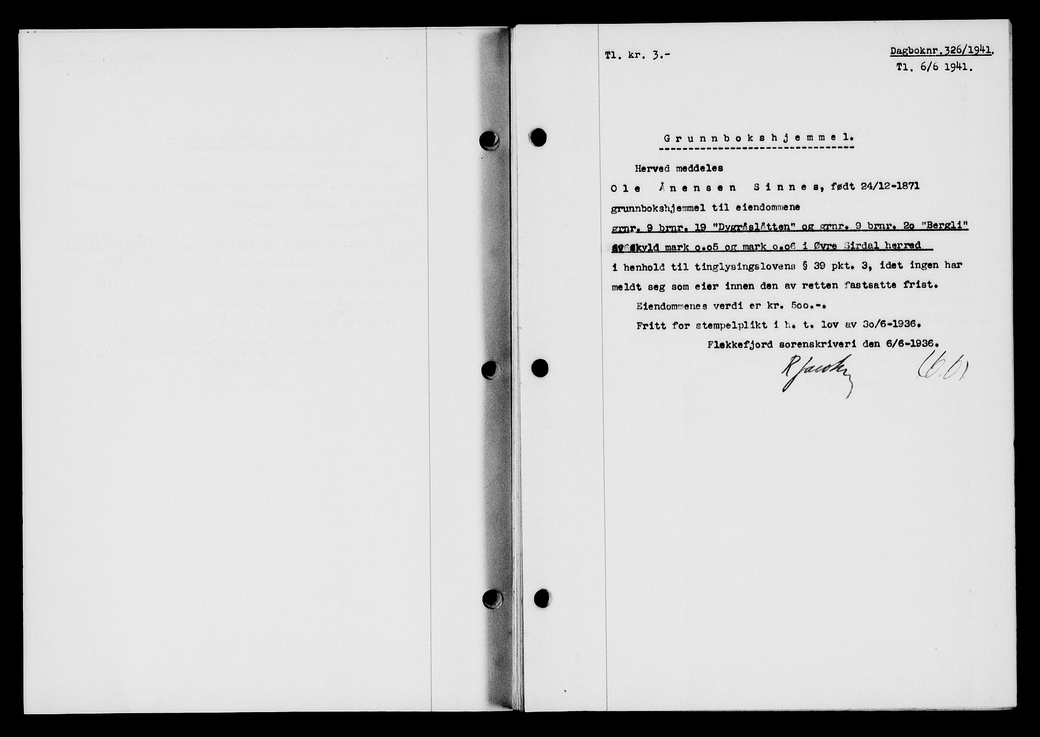 Flekkefjord sorenskriveri, SAK/1221-0001/G/Gb/Gba/L0057: Mortgage book no. A-5, 1941-1942, Diary no: : 326/1941