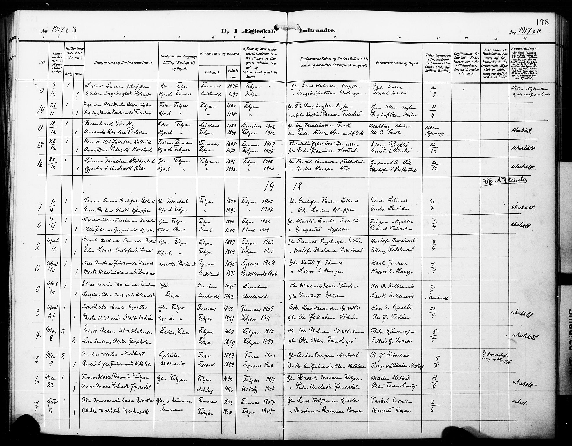 Fitjar sokneprestembete, SAB/A-99926: Parish register (copy) no. B 1, 1906-1928, p. 178