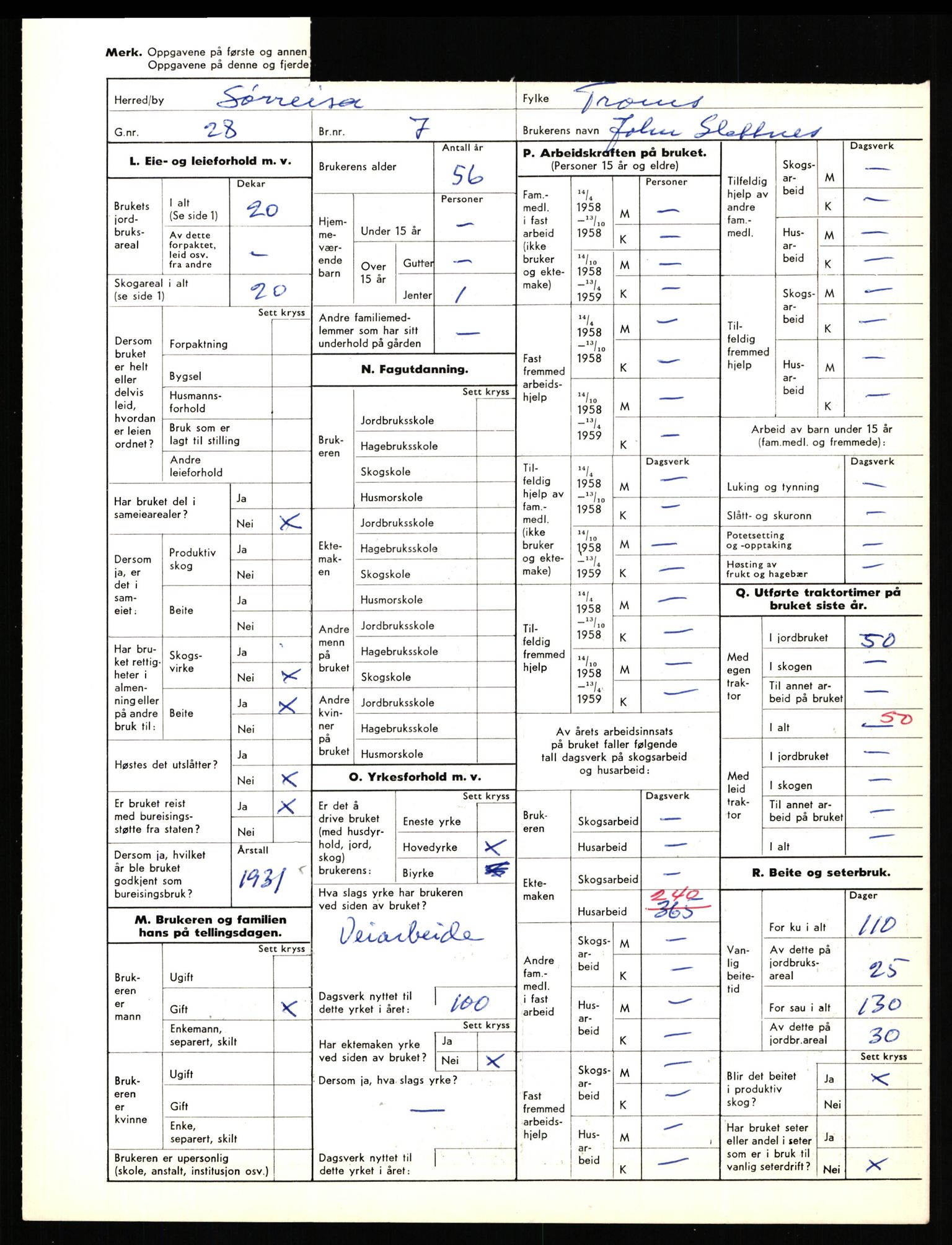 Statistisk sentralbyrå, Næringsøkonomiske emner, Jordbruk, skogbruk, jakt, fiske og fangst, AV/RA-S-2234/G/Gd/L0656: Troms: 1924 Målselv (kl. 0-3) og 1925 Sørreisa, 1959, p. 1438