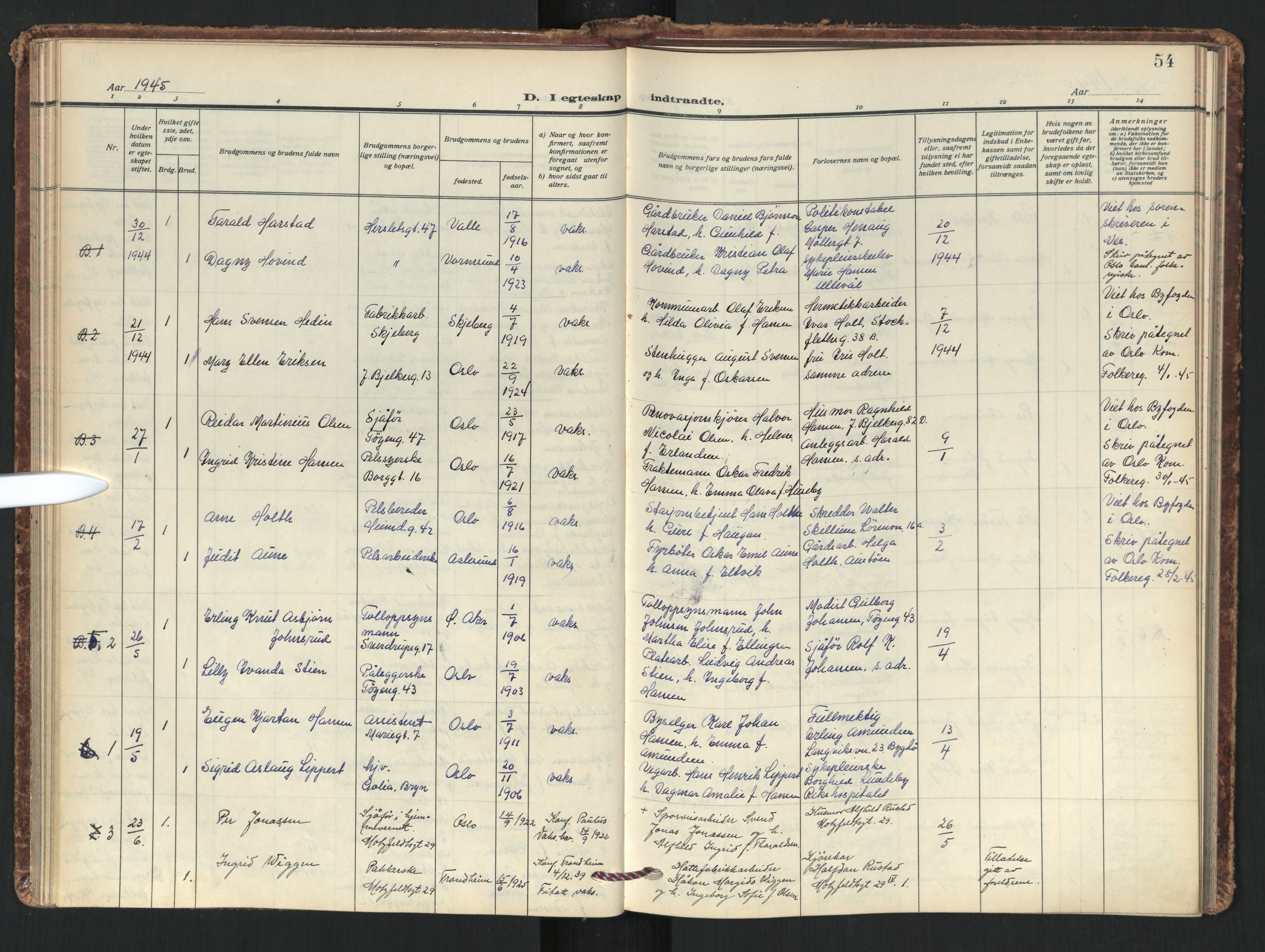 Tøyen prestekontor Kirkebøker, AV/SAO-A-10167a/F/Fa/L0008: Parish register (official) no. I 8, 1939-1969, p. 54
