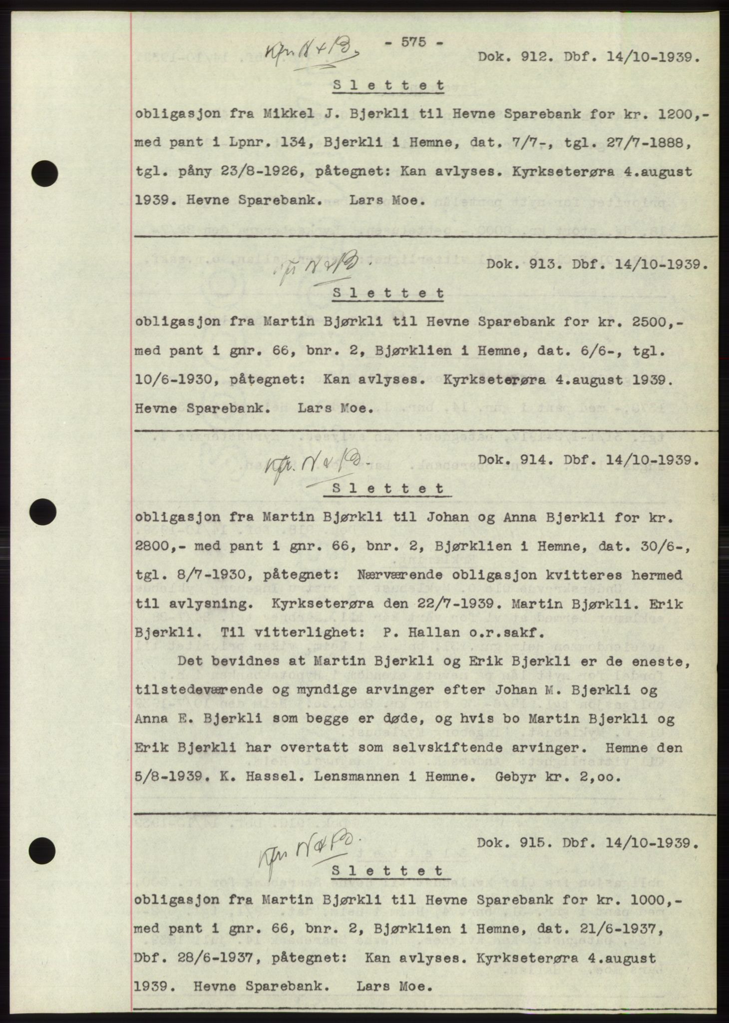 Hitra sorenskriveri, AV/SAT-A-0018/2/2C/2Ca: Mortgage book no. C1, 1936-1945, Diary no: : 912/1939