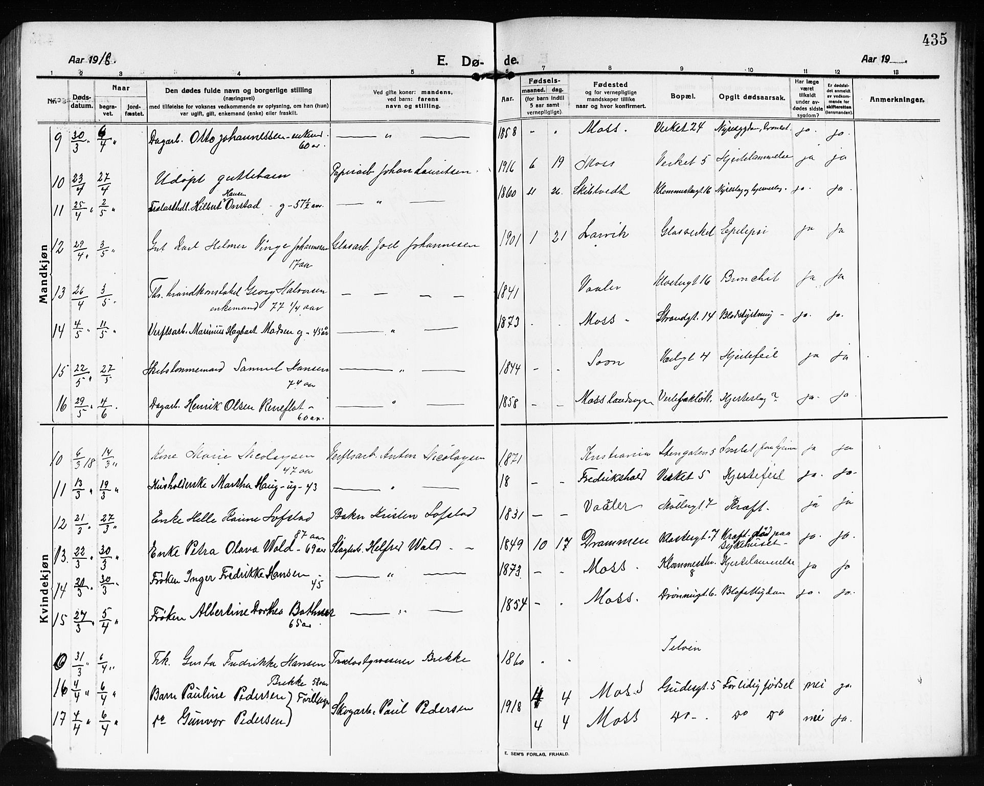 Moss prestekontor Kirkebøker, AV/SAO-A-2003/G/Ga/L0008: Parish register (copy) no. I 8, 1913-1923, p. 435