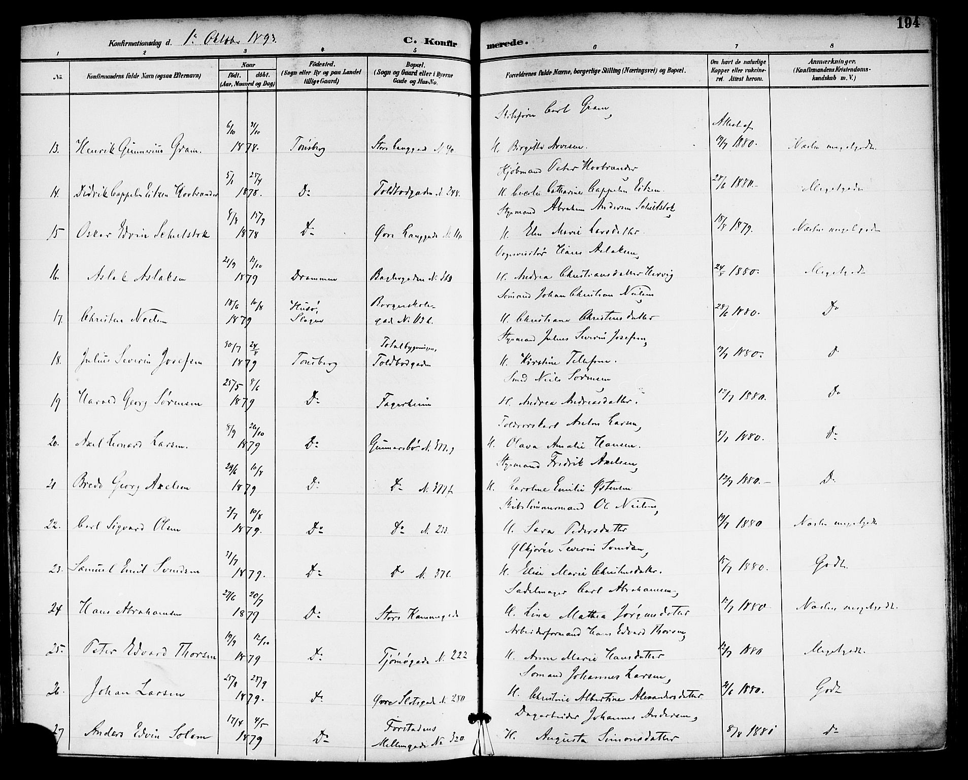 Tønsberg kirkebøker, AV/SAKO-A-330/F/Fa/L0012: Parish register (official) no. I 12, 1891-1899, p. 194