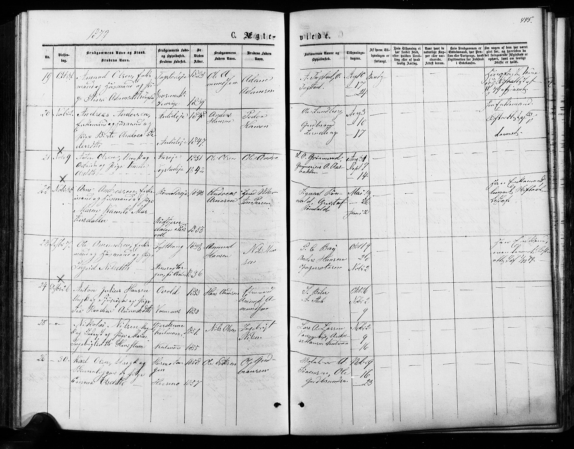 Nes prestekontor Kirkebøker, AV/SAO-A-10410/F/Fa/L0009: Parish register (official) no. I 9, 1875-1882, p. 445