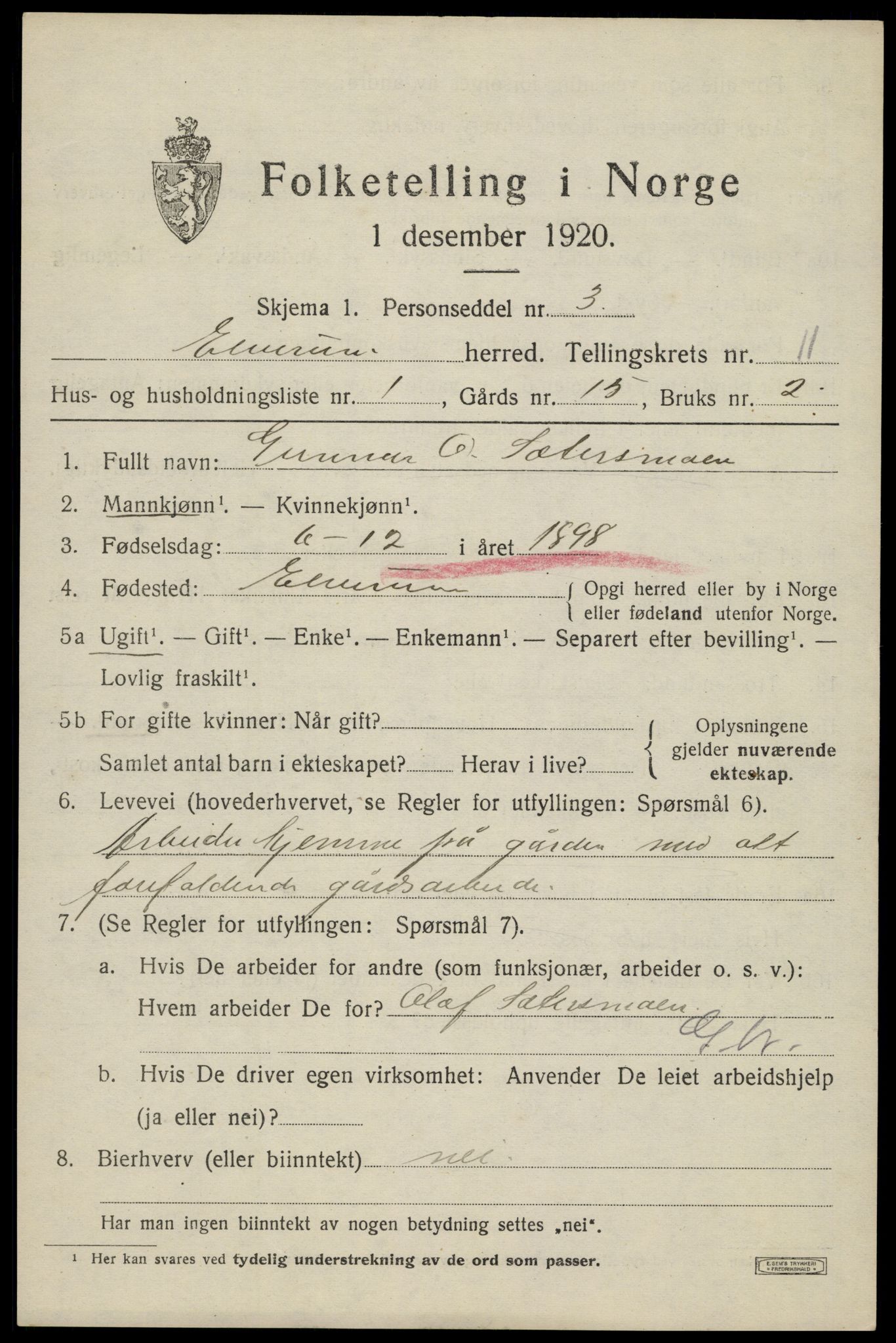 SAH, 1920 census for Elverum, 1920, p. 16168