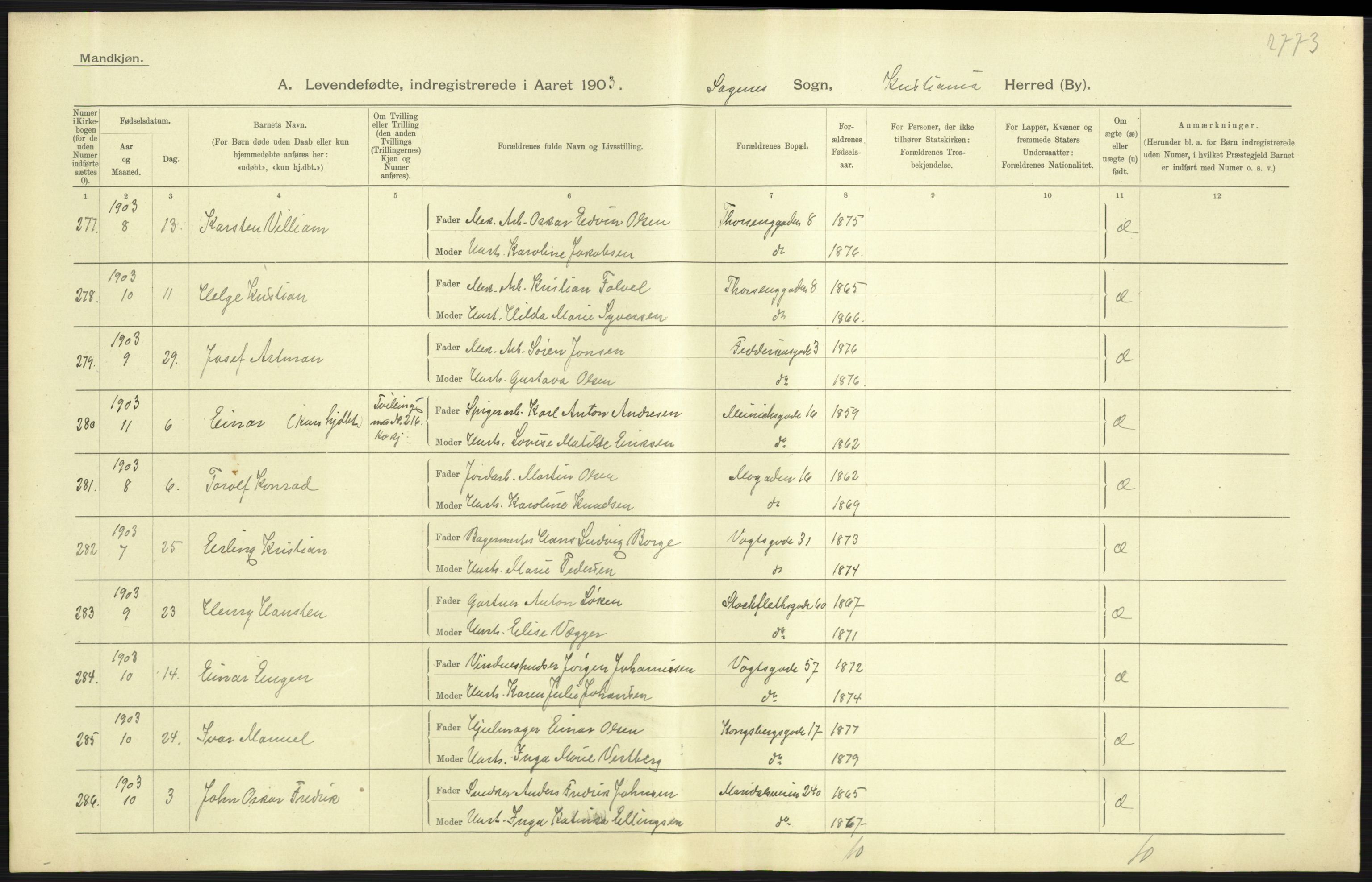 Statistisk sentralbyrå, Sosiodemografiske emner, Befolkning, AV/RA-S-2228/D/Df/Dfa/Dfaa/L0003: Kristiania: Fødte, 1903, p. 145