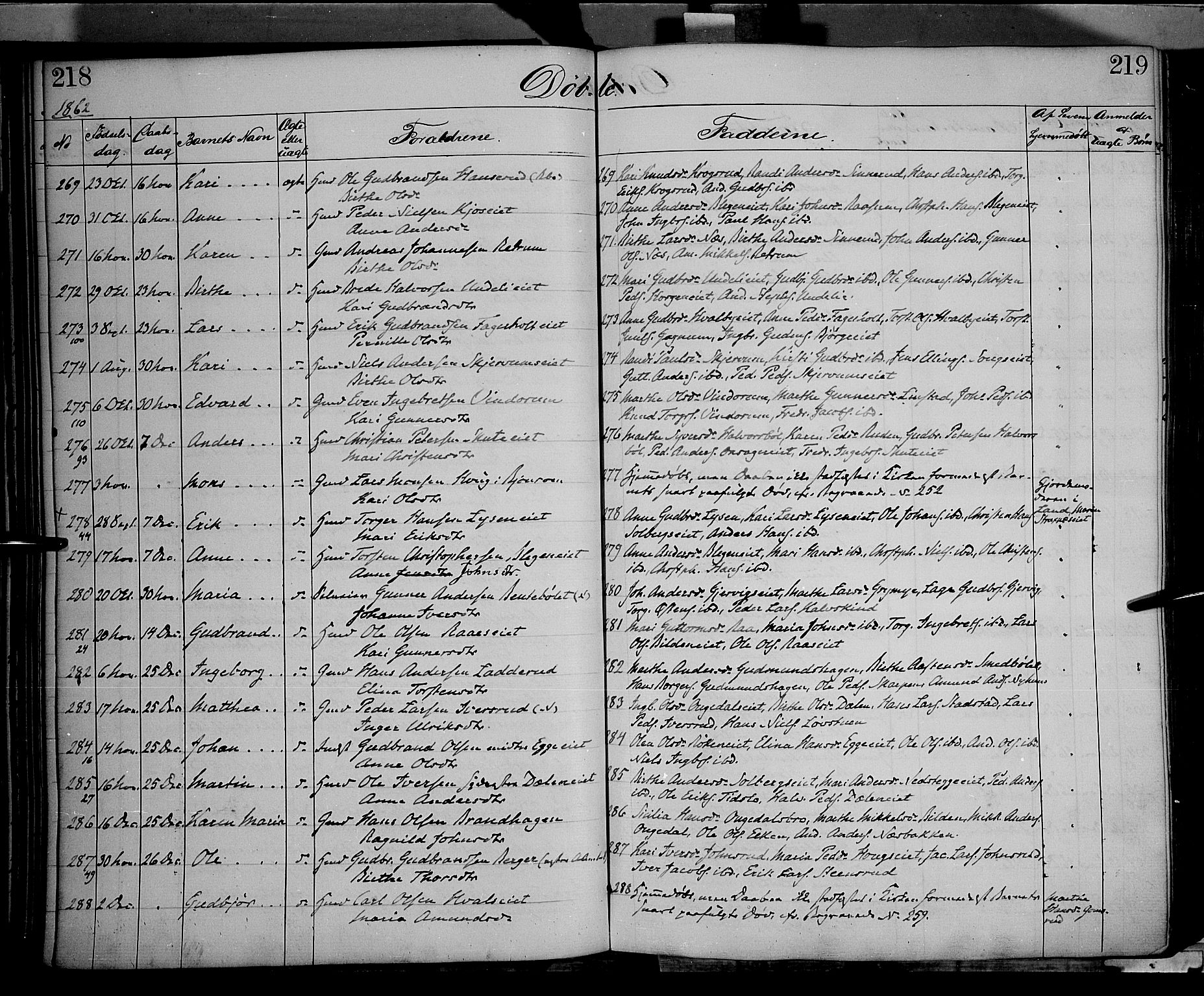 Gran prestekontor, AV/SAH-PREST-112/H/Ha/Haa/L0012: Parish register (official) no. 12, 1856-1874, p. 218-219