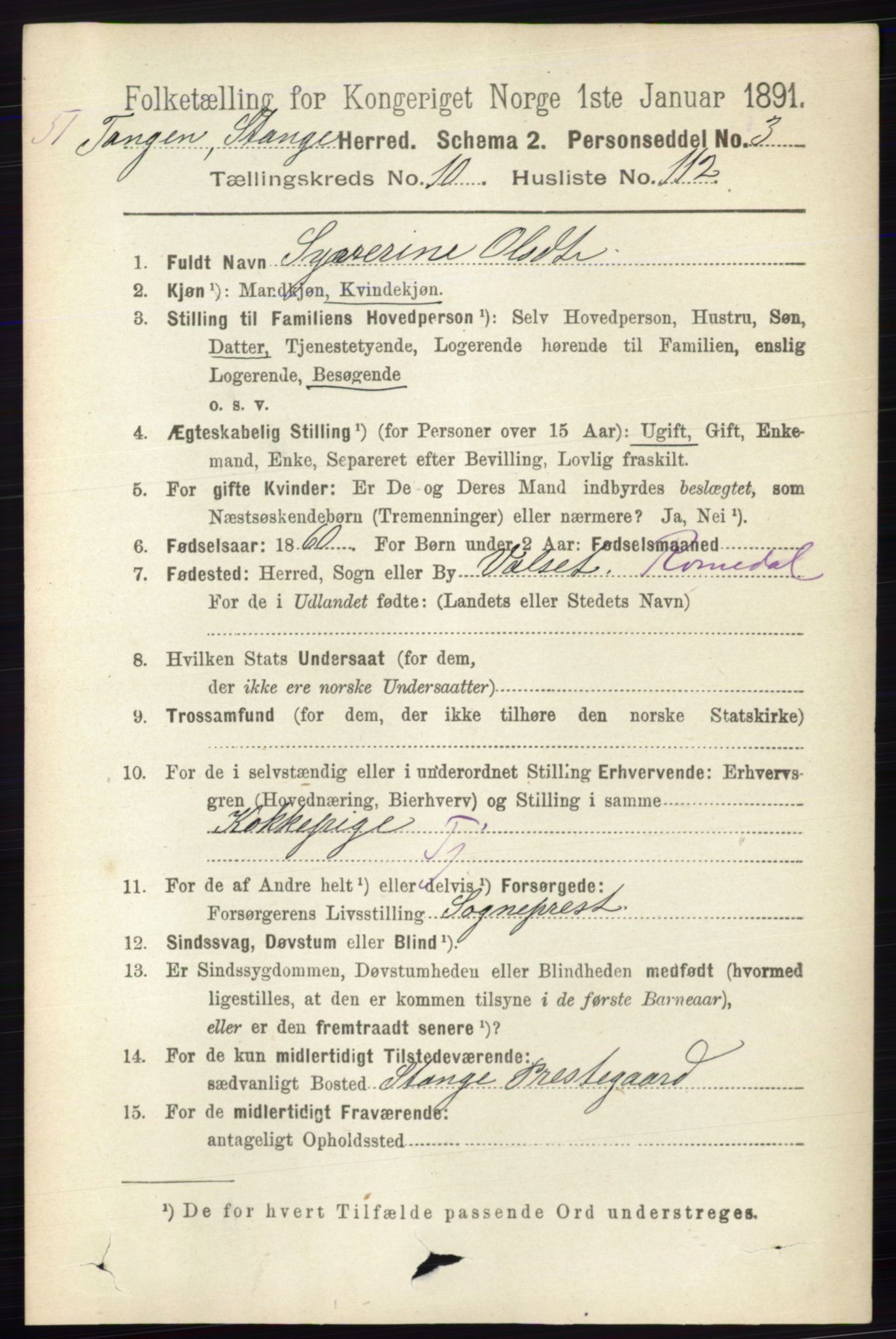 RA, 1891 census for 0417 Stange, 1891, p. 7418