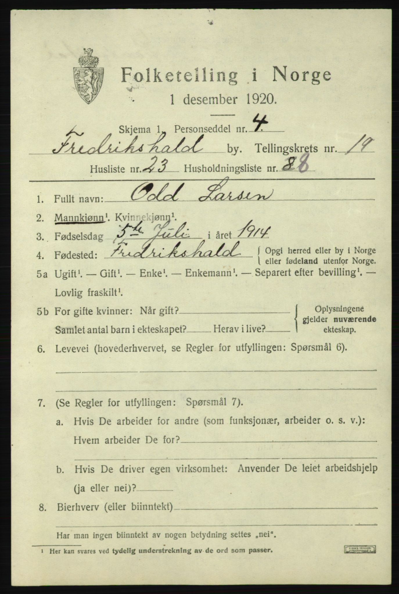 SAO, 1920 census for Fredrikshald, 1920, p. 28818