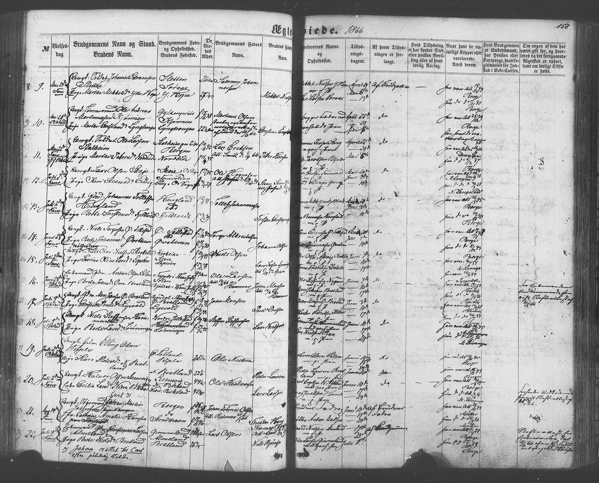 Fana Sokneprestembete, SAB/A-75101/H/Haa/Haaa/L0012: Parish register (official) no. A 12, 1862-1878, p. 158