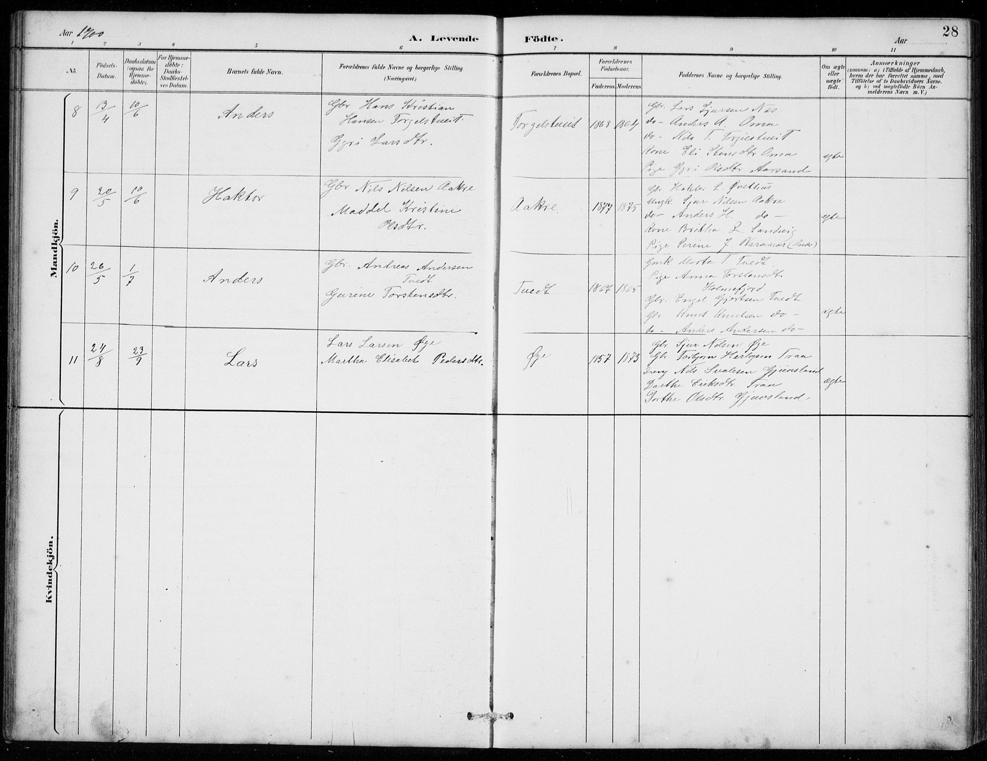 Strandebarm sokneprestembete, AV/SAB-A-78401/H/Hab: Parish register (copy) no. C  1, 1891-1913, p. 28