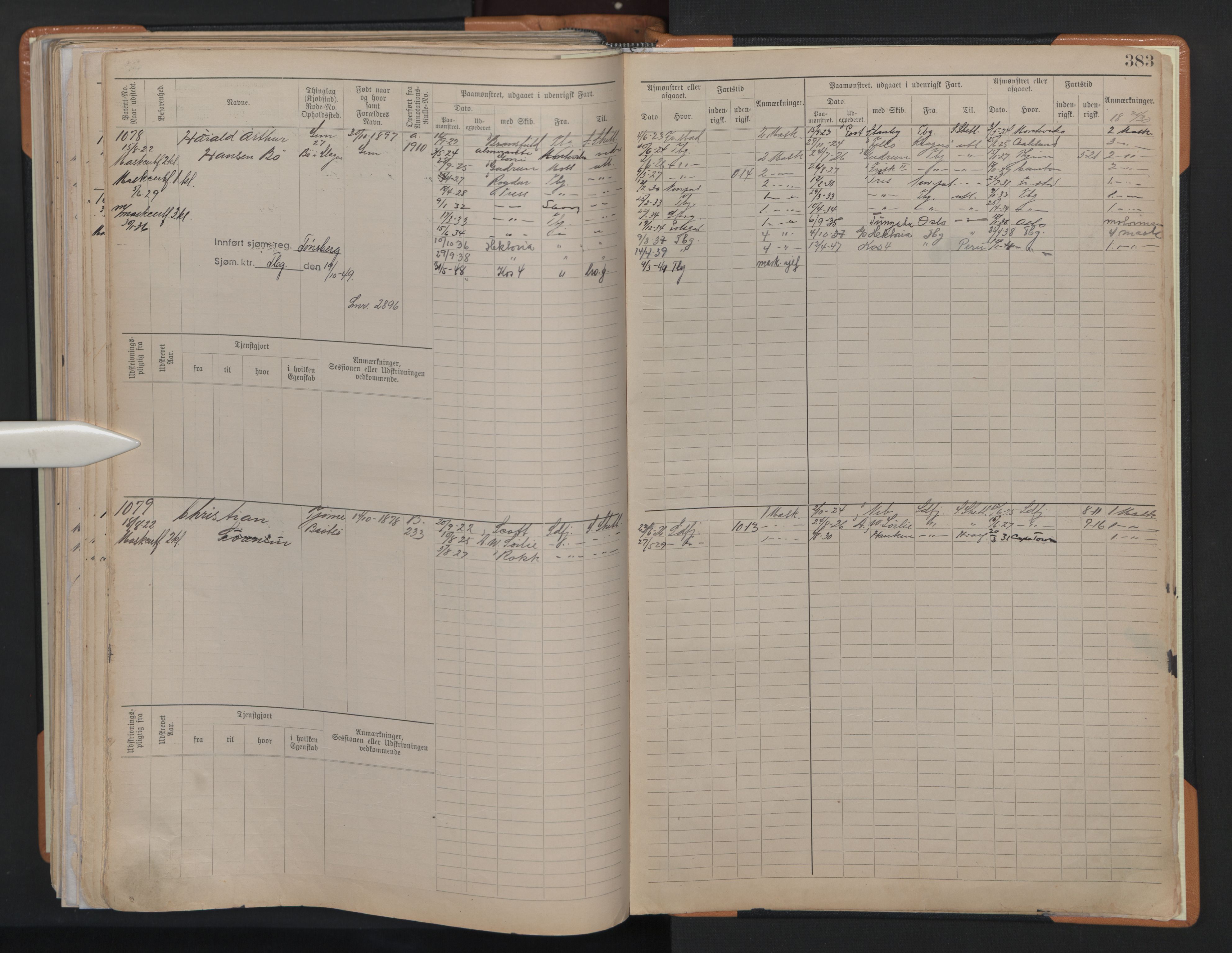 Tønsberg innrulleringskontor, AV/SAKO-A-786/F/Fe/L0004: Maskinist- og fyrbøterrulle Patent nr. 315-1079, 1902-1922, p. 383